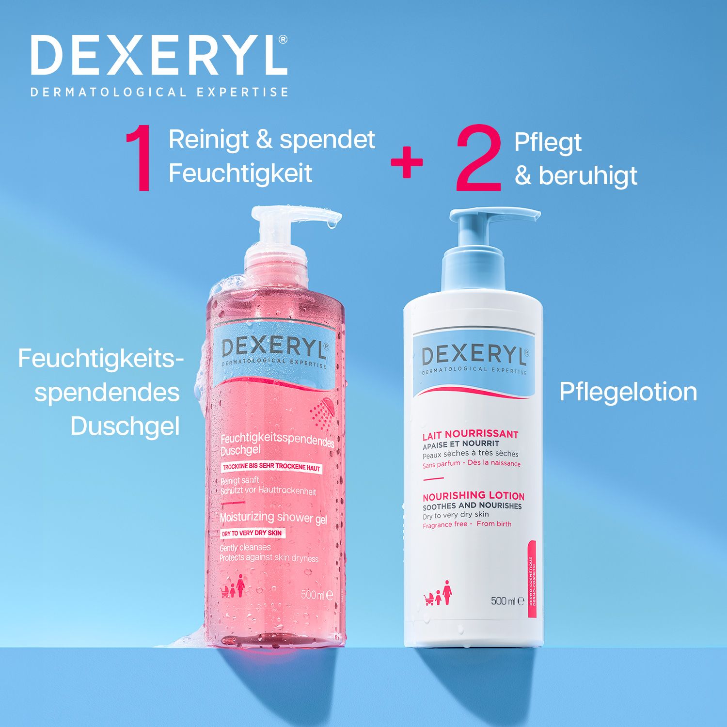 Zwei DEXERYL-Flaschen: Feuchtigkeitsspendendes Duschgel und Pflege-Lotion.