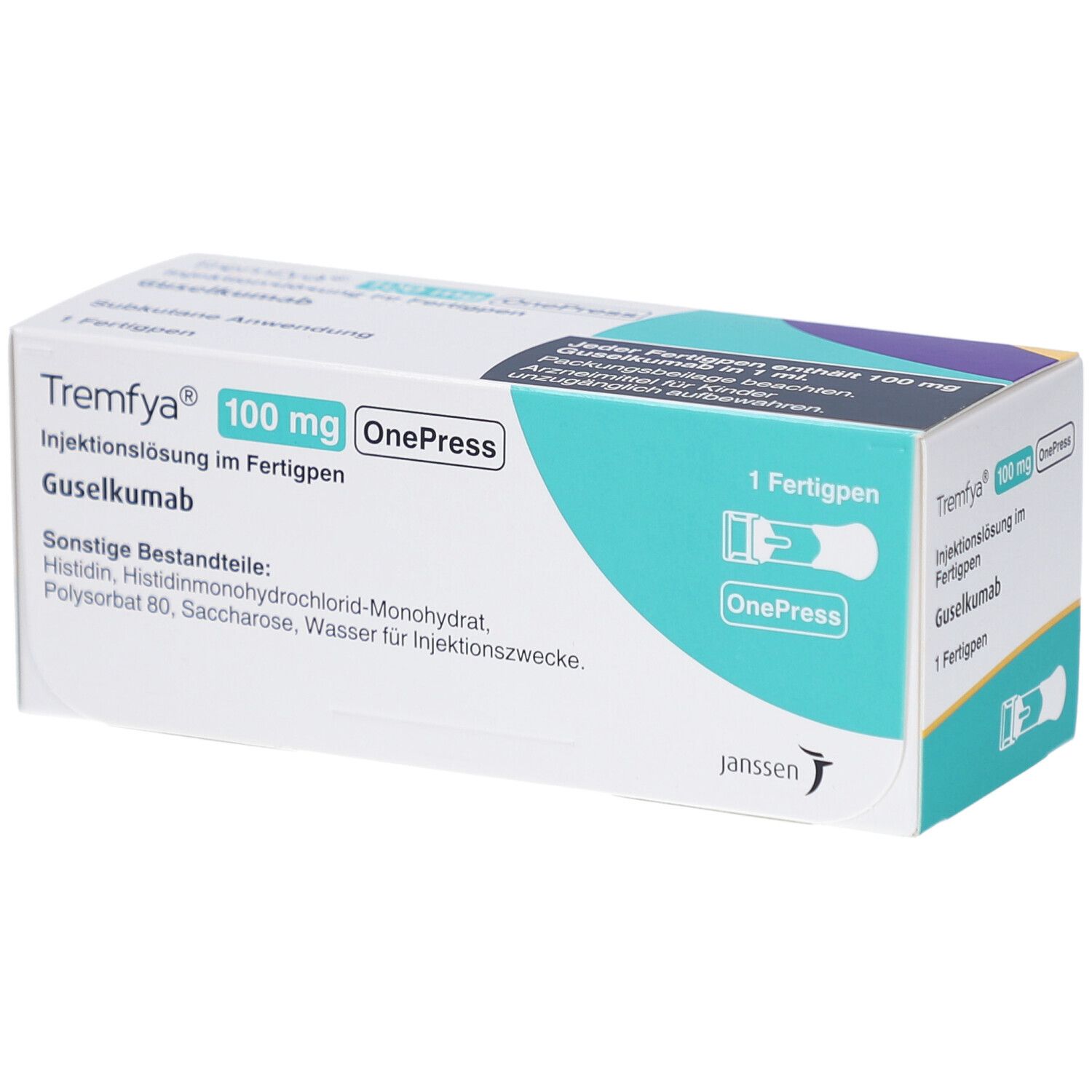 Karton von Tremfya 100 mg OnePress. Aufschrift: Injektionslösung im Fertigpen, Guselkumab. 1 Fertigpen.
