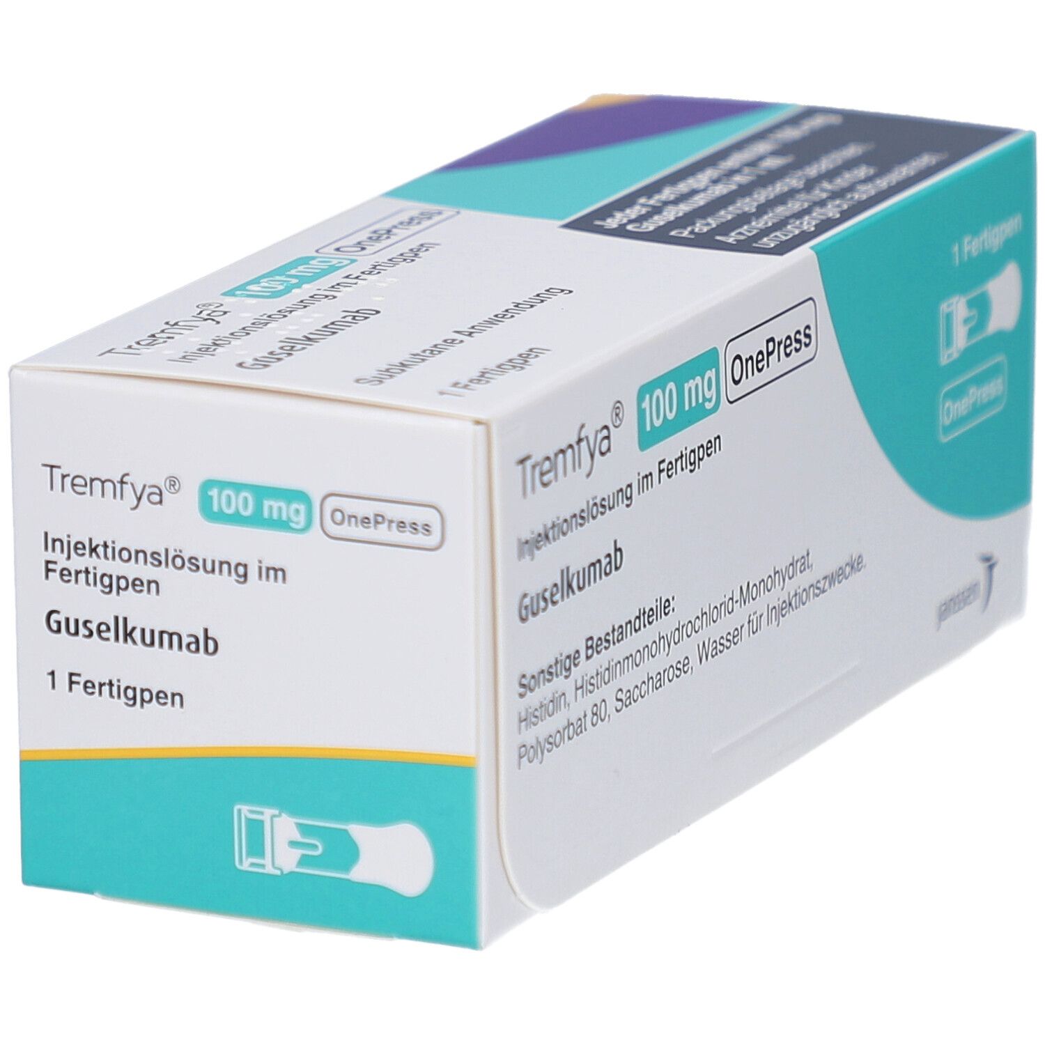 Karton von Tremfya 100 mg OnePress. Aufschrift: Injektionslösung im Fertigpen, Guselkumab. 1 Fertigpen.