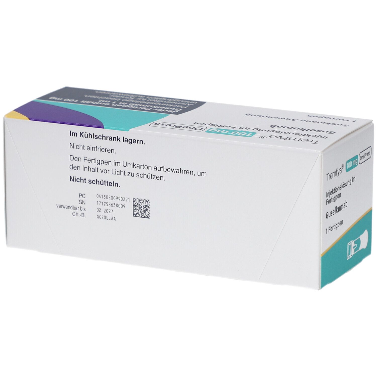 Rückseite des Kartons von Tremfya 100 mg OnePress. Aufschrift: Im Kühlschrank lagern. Nicht schütteln.