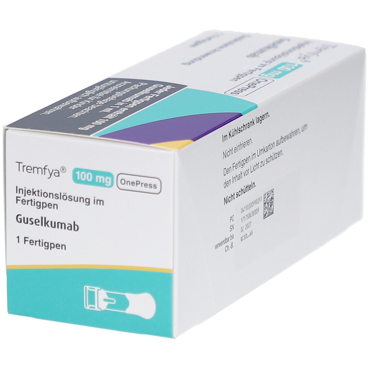 Karton von Tremfya 100 mg OnePress. Aufschrift: Injektionslösung im Fertigpen, Guselkumab. 1 Fertigpen.