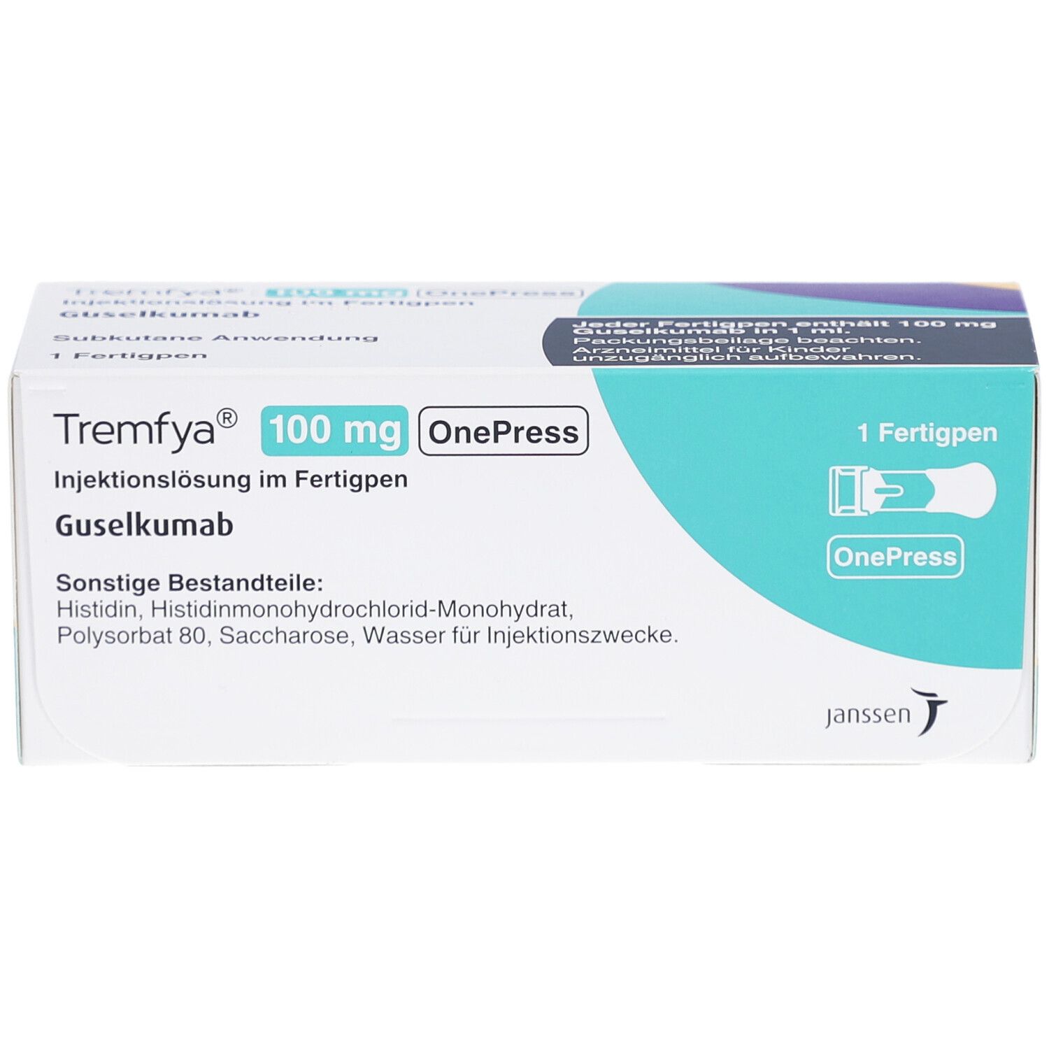 Karton von Tremfya 100 mg OnePress. Aufschrift: Injektionslösung im Fertigpen, Guselkumab. 1 Fertigpen.