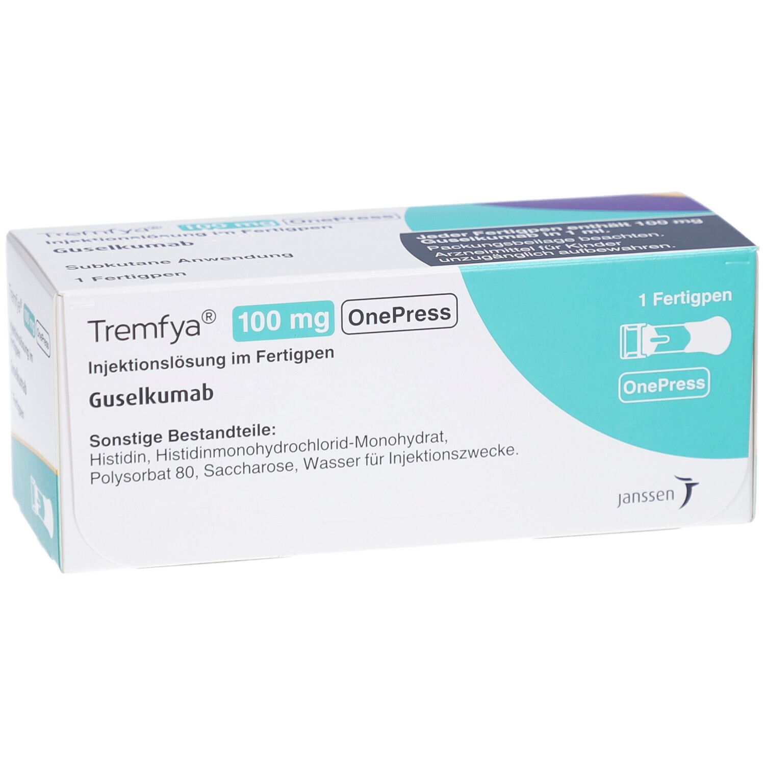 Karton von Tremfya 100 mg OnePress. Aufschrift: Injektionslösung im Fertigpen, Guselkumab. 1 Fertigpen.