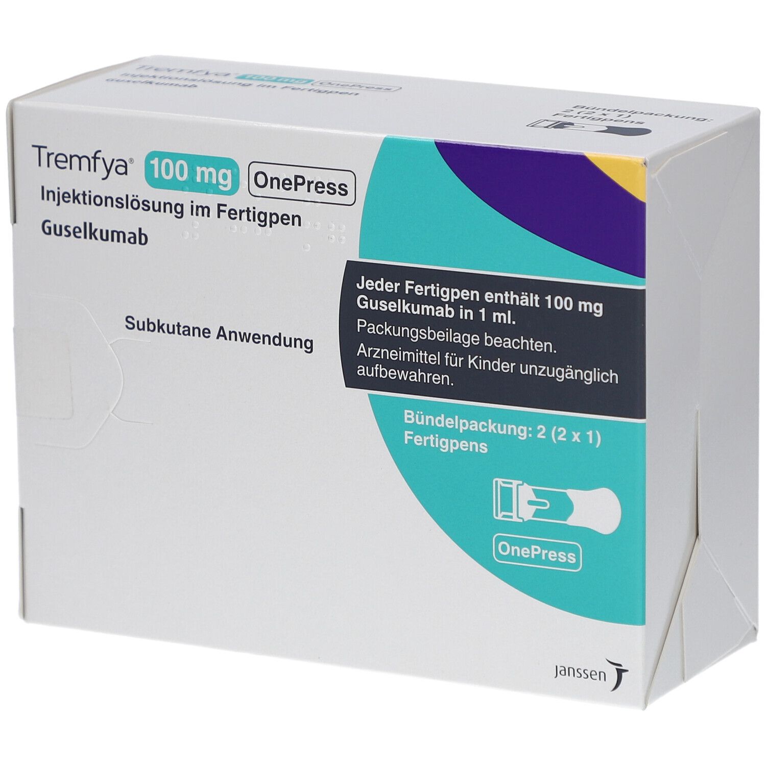 Weißer Karton mit Aufschrift Tremfya 100 mg OnePress. Enthält Injektionslösung im Fertigpen. Packung mit 2 Fertigpens.