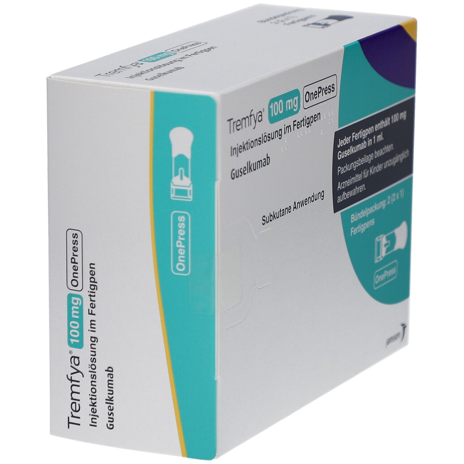 Weißer Karton mit Tremfya 100 mg OnePress. Injektionslösung im Fertigpen. Enthält Informationen und eine Abbildung des Pens.