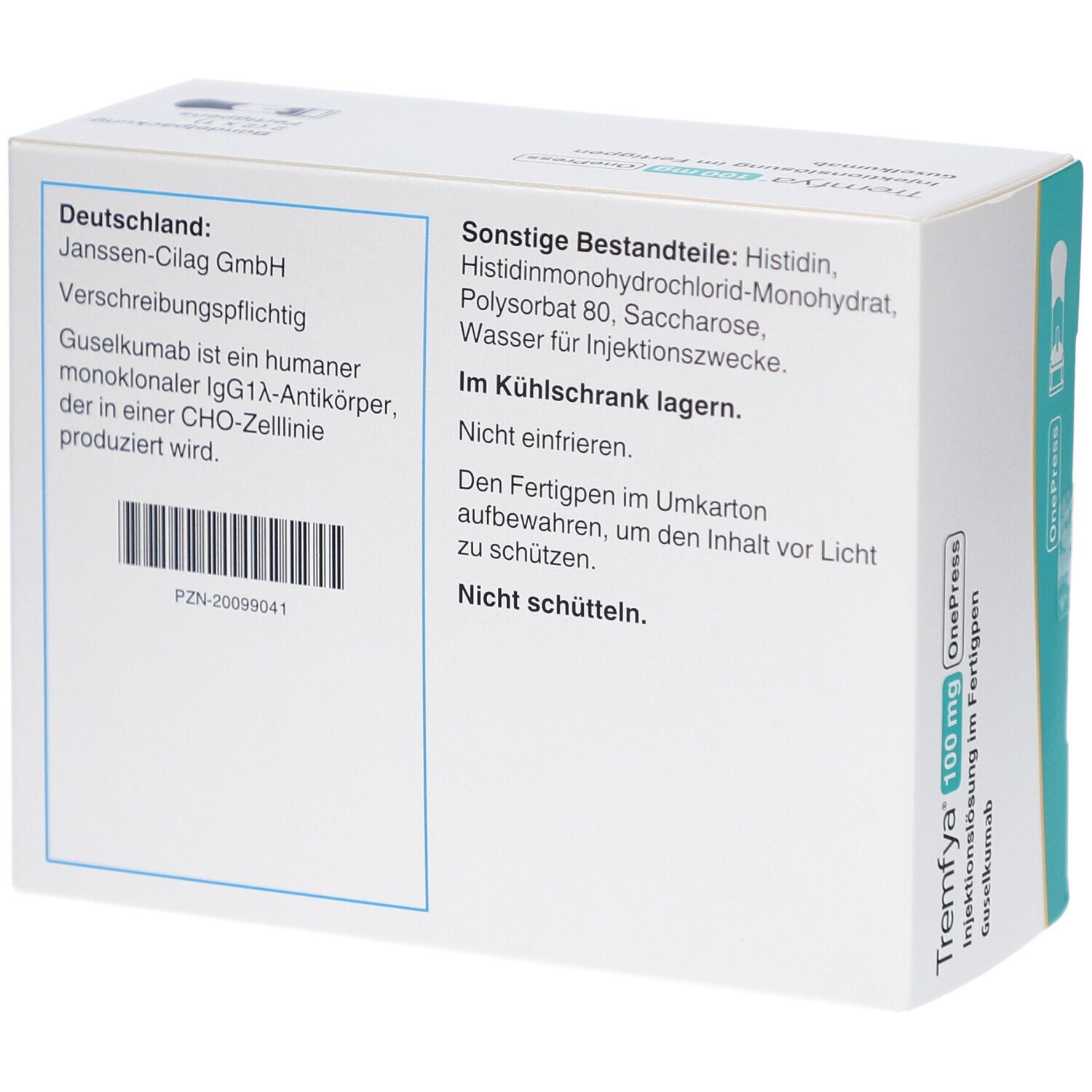 Weiße Arzneimittelverpackung mit Text. Aufschrift: Tremfya 100 mg OnePress. Enthält Informationen zu Inhaltsstoffen und Lagerung.