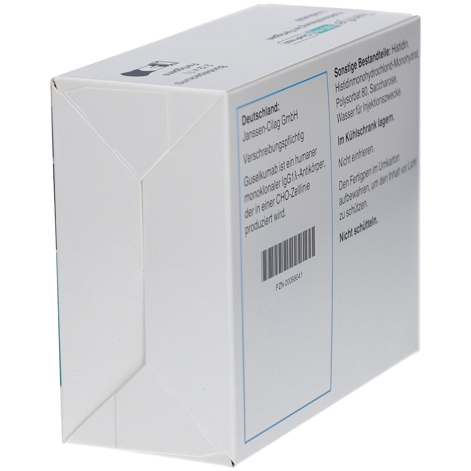 Schräg gestellte, weiße Arzneimittelverpackung. Aufschrift: Tremfya 100 mg OnePress. Enthält Informationen zu Inhaltsstoffen und Lagerung.