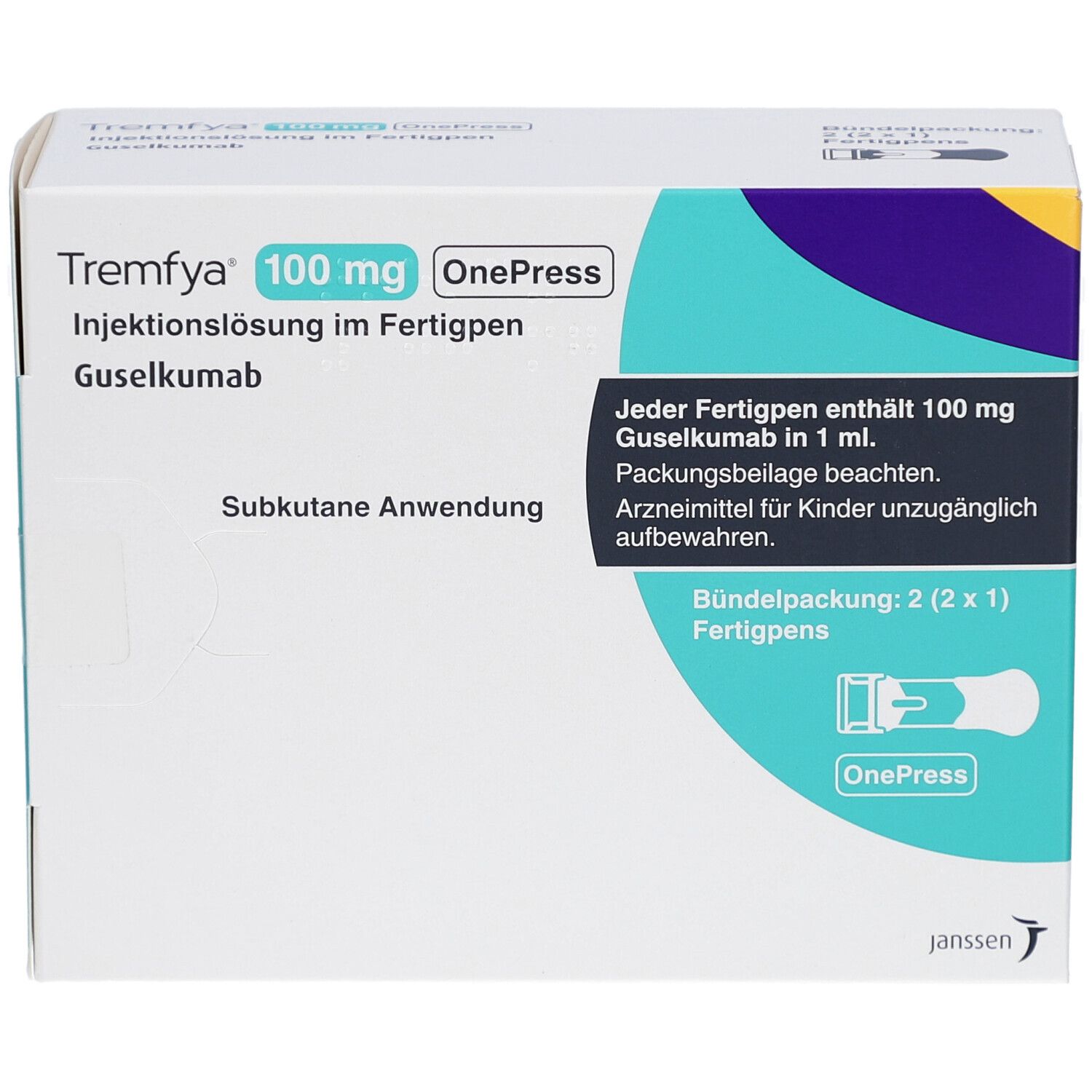 Arzneimittelverpackung mit Aufschrift Tremfya 100 mg OnePress. Enthält zwei Fertigpens. Informationen zur Anwendung und Dosierung.