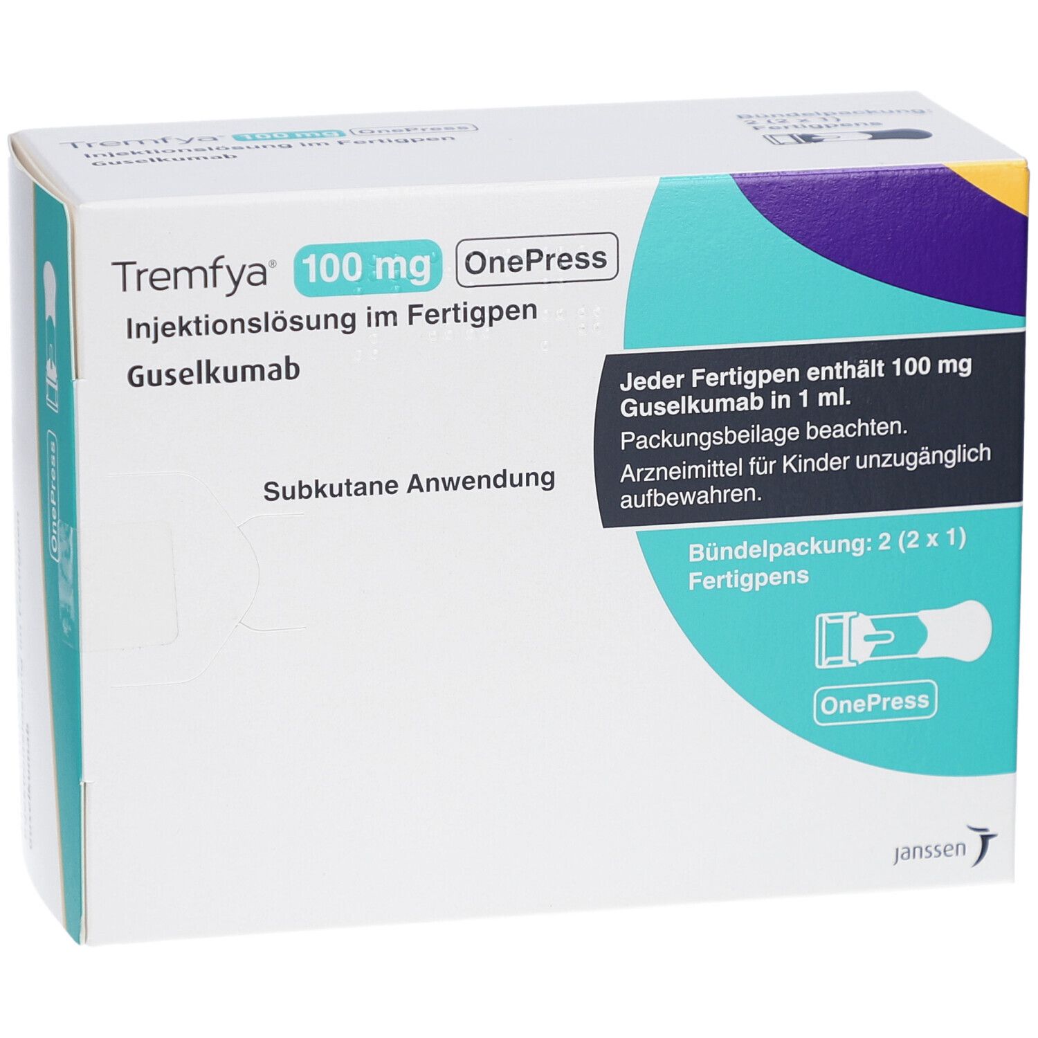 Arzneimittelverpackung mit Aufschrift Tremfya 100 mg OnePress. Enthält zwei Fertigpens. Informationen zur Anwendung und Dosierung.