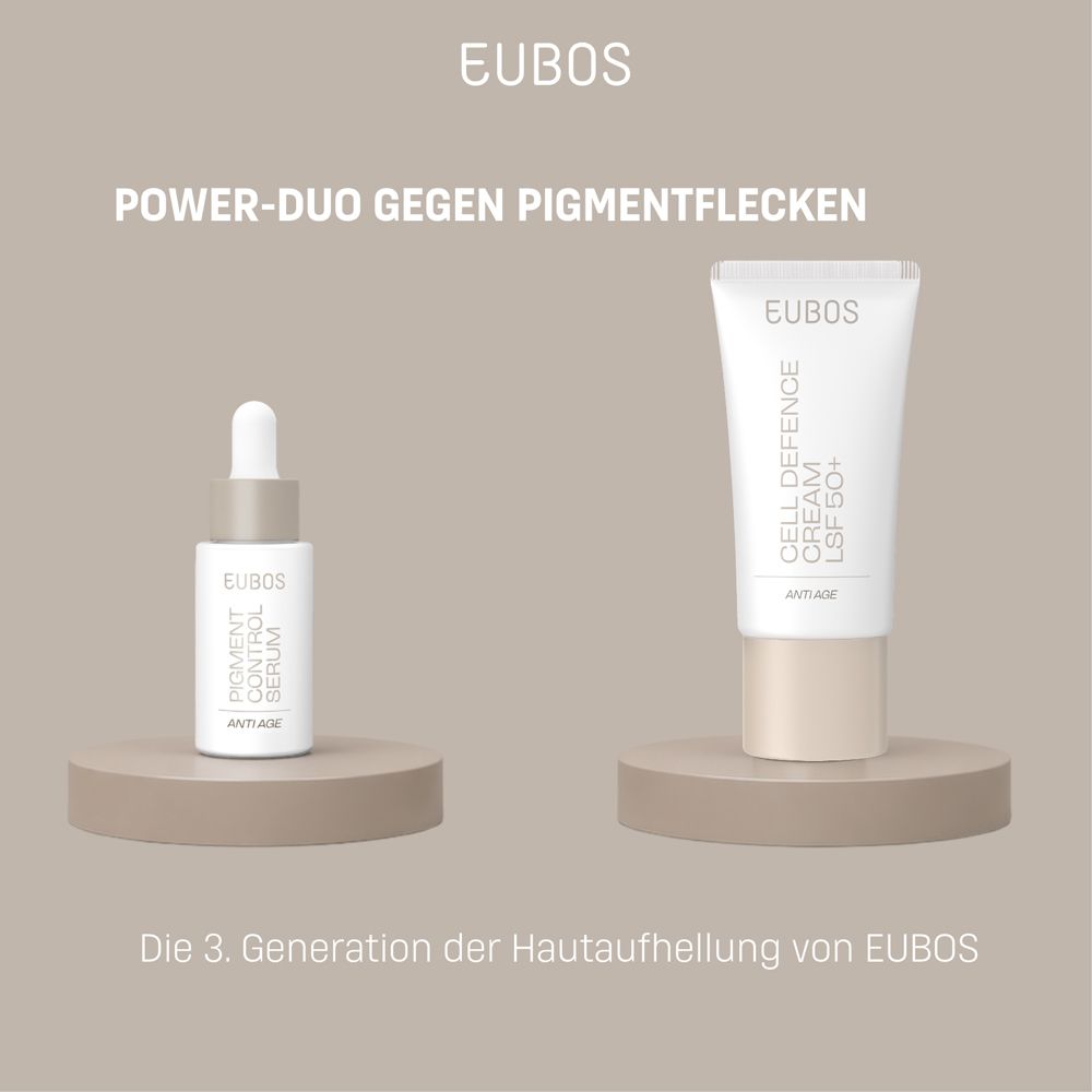 Serum und Creme-Tube. Text: Power-Duo gegen Pigmentflecken. Marke: EUBOS.