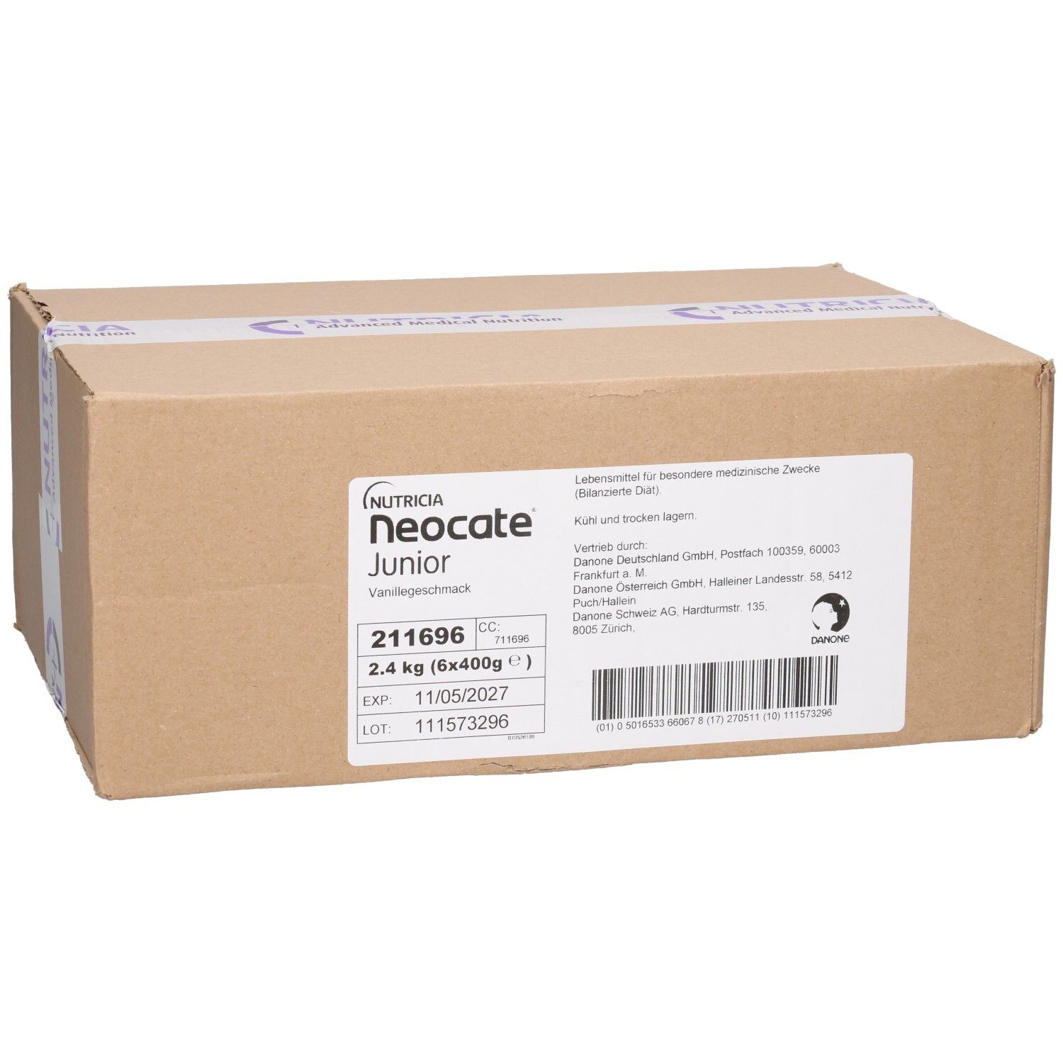 Karton mit Produktinformationen. Aufschrift: NEOCATE Junior, Vanillegeschmack, 2.4 kg. Enthält Barcode und Haltbarkeitsdatum.
