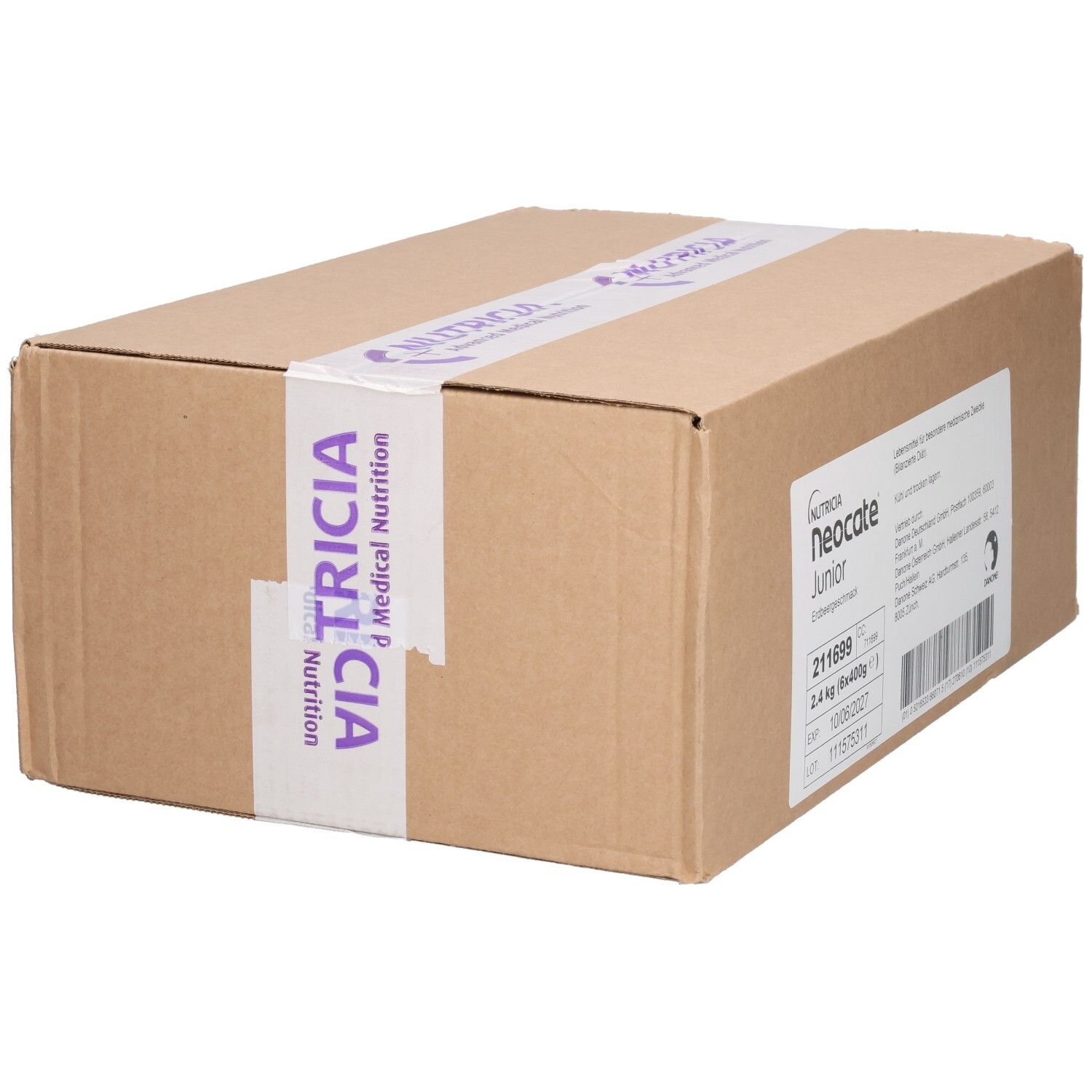 Karton mit Aufdrucken. Aufschrift: Neocate Junior, 2.4 kg. Verpackungsband mit Schriftzug. Produktverpackung.