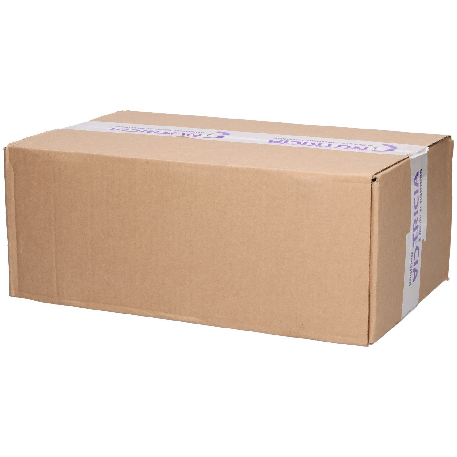 Brauner Karton mit Verpackungsband. Aufschrift: Nutricia. Produktverpackung.