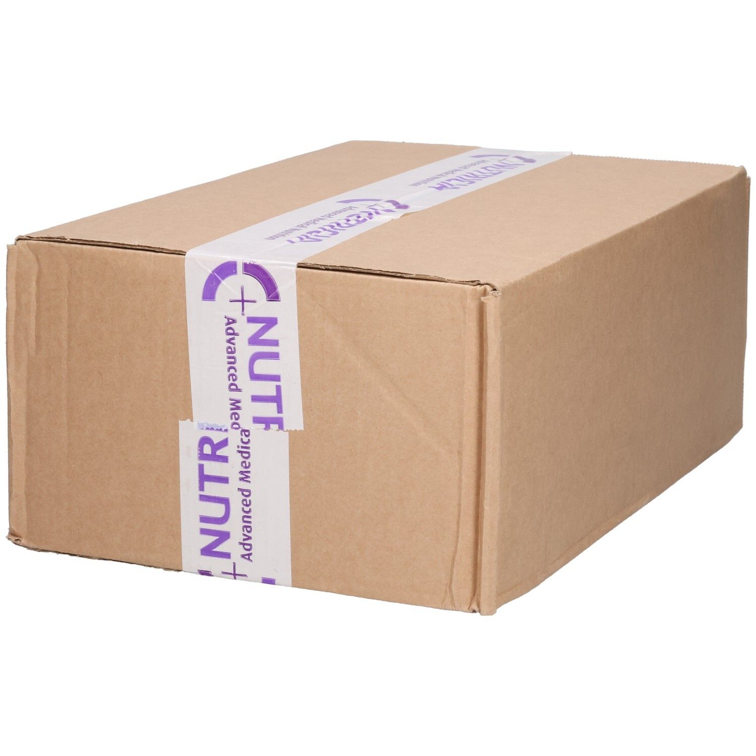 Brauner Karton mit Verpackungsband. Aufschrift: Nutricia. Produktverpackung.