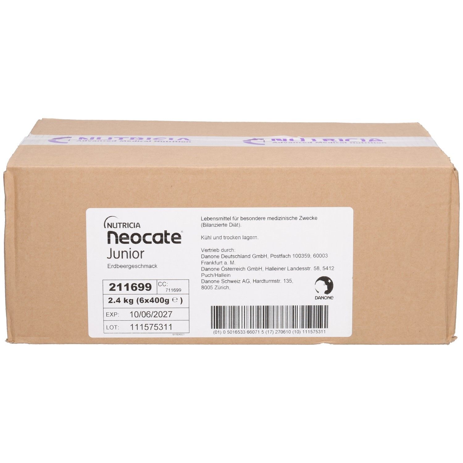 Karton mit Aufdrucken. Aufschrift: Neocate Junior, 2.4 kg, Erdbeergeschmack. Enthält Informationen zu Inhaltsstoffen und Haltbarkeit.