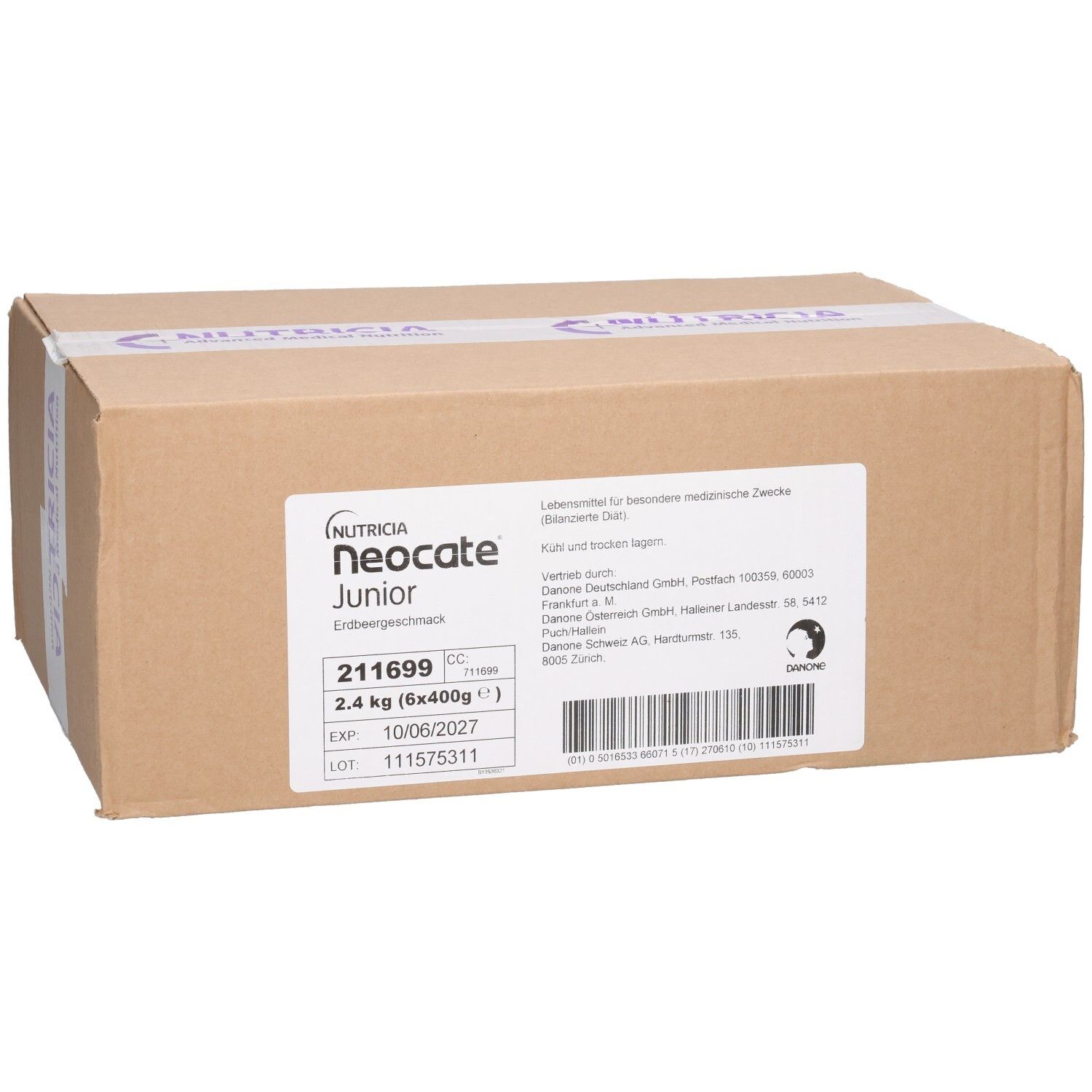 Karton mit Aufdrucken. Aufschrift: Neocate Junior, 2.4 kg, Erdbeergeschmack. Enthält Informationen zu Inhaltsstoffen und Haltbarkeit.