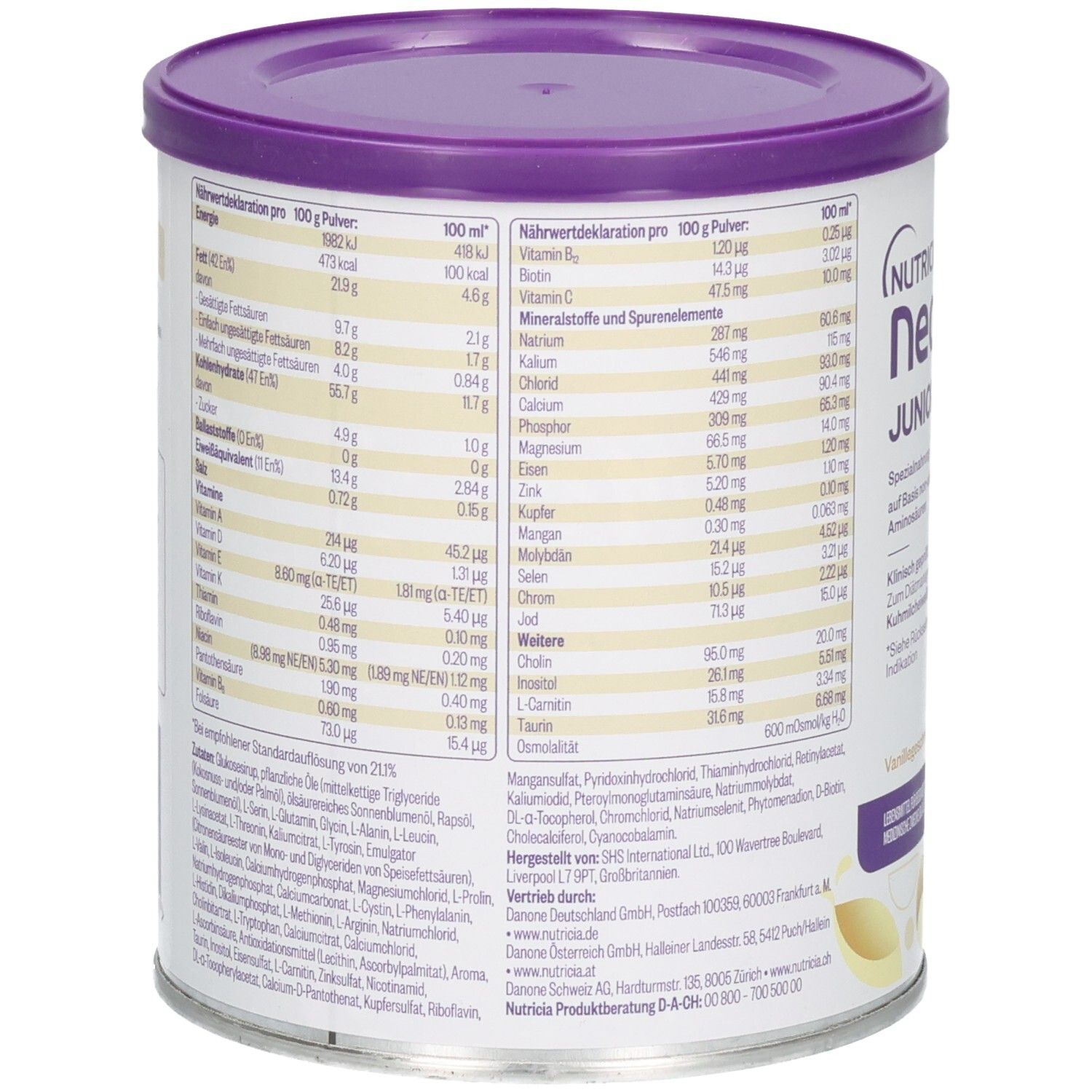 Rückseite einer Nutricia Neocate Junior Vanille Dose (400g) mit detaillierten Nährwertangaben und Herstellerinformationen.