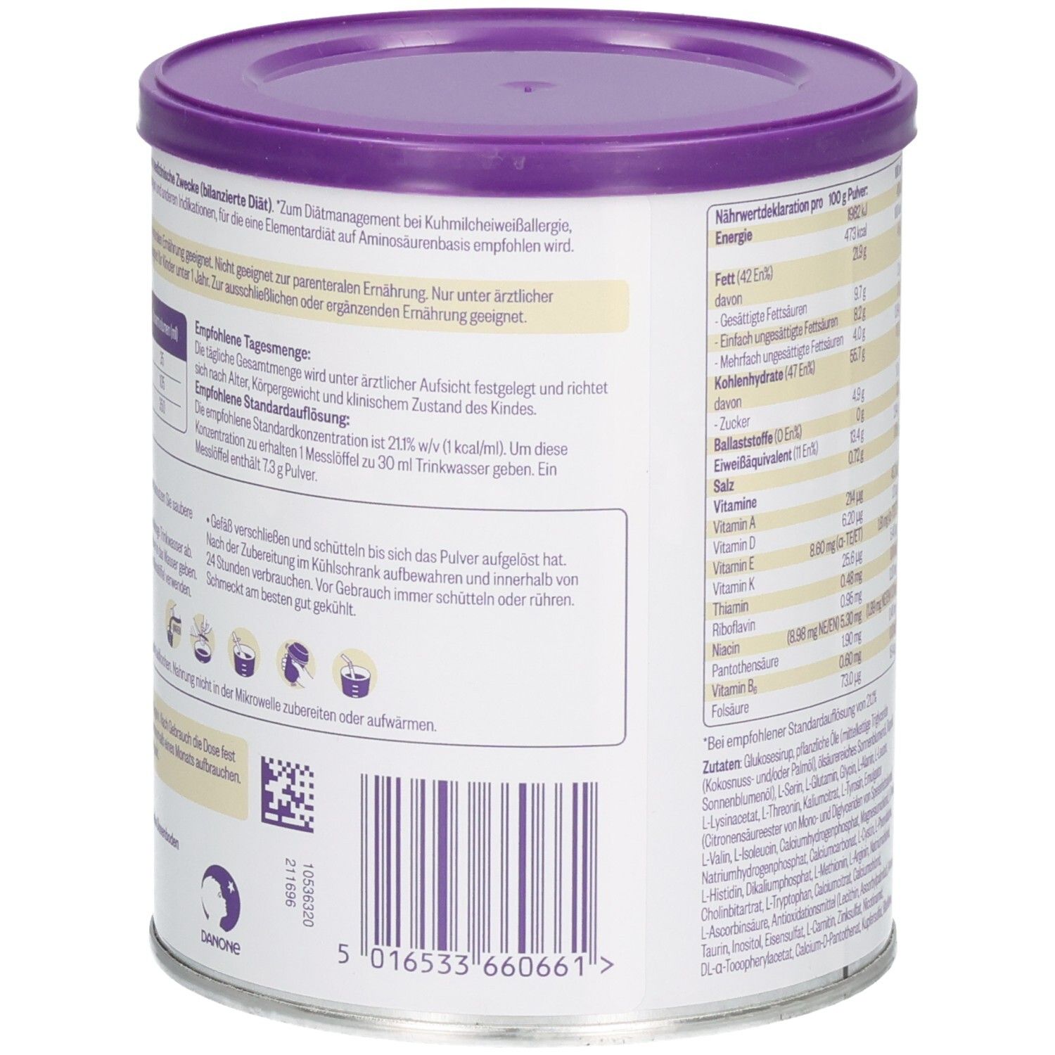 Rückseite einer Nutricia Neocate Junior Vanille Dose (400g) mit Zubereitungsanleitung und Lagerungshinweisen.