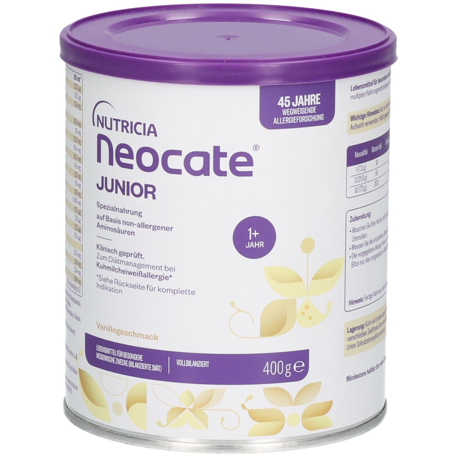 Nutricia Neocate Junior Vanille, 400g Dose mit lila Deckel. Spezialnahrung für Kinder ab 1 Jahr, mit 45 Jahren Allergieforschung.