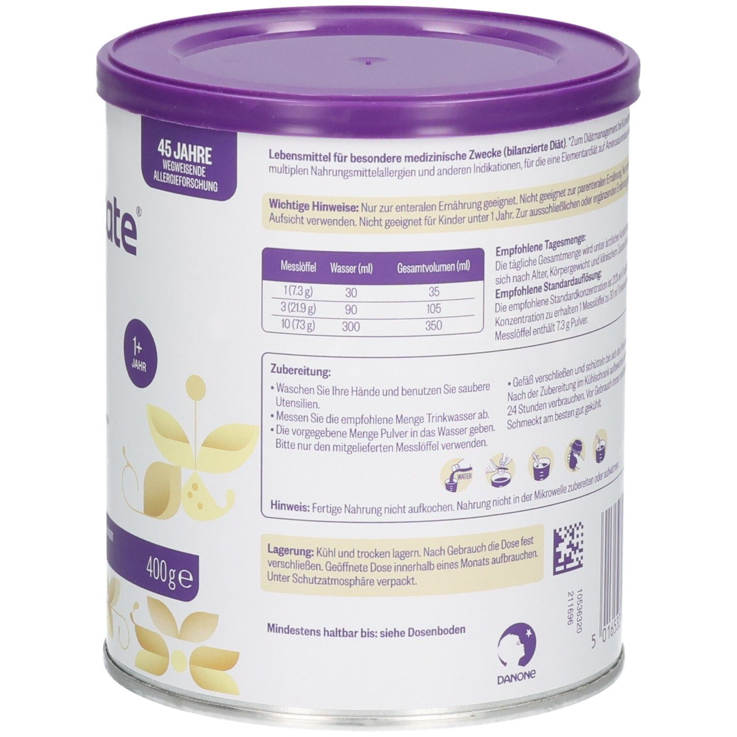 Rückseite einer Nutricia Neocate Junior Vanille Dose (400g) mit Zubereitungstabelle und Anwendungshinweisen.