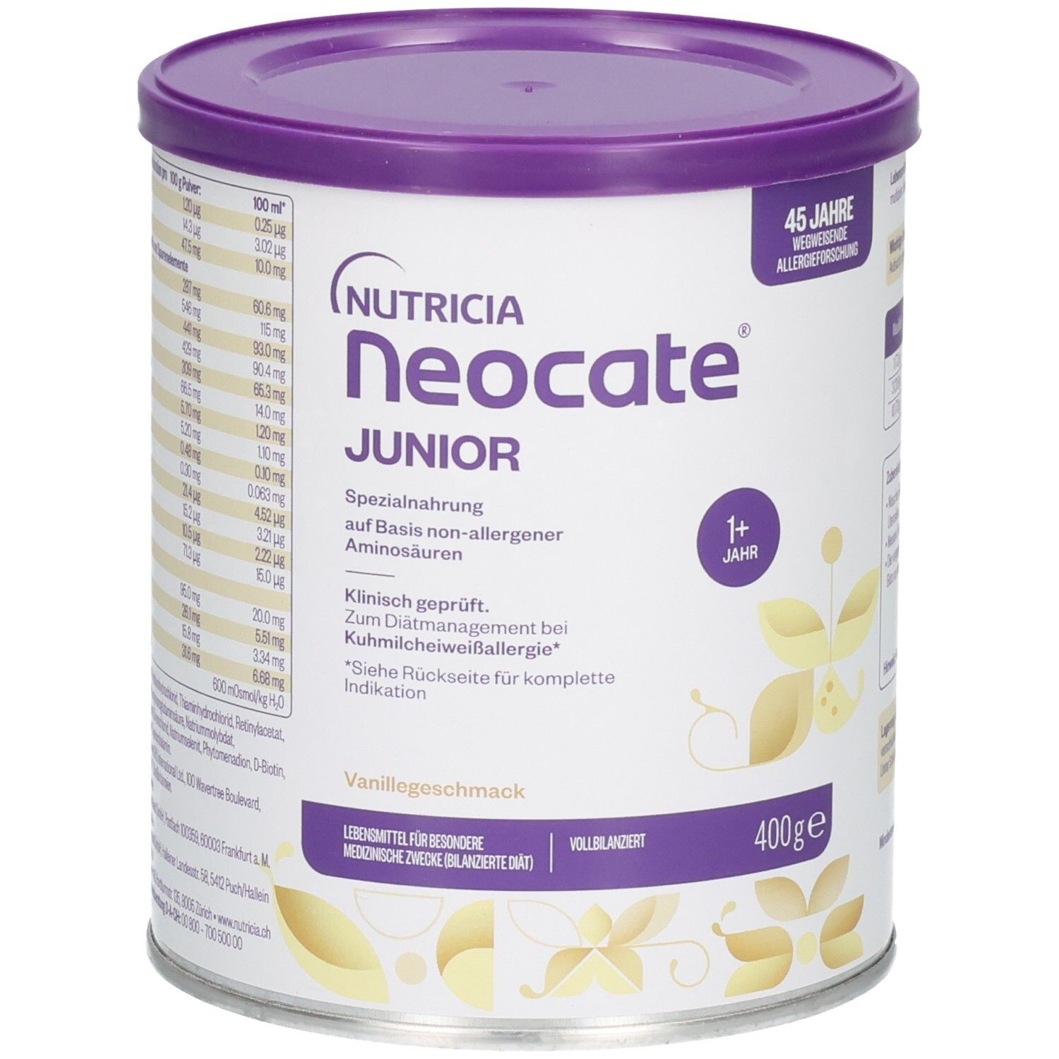 Nutricia Neocate Junior Vanille, 400g Dose mit lila Deckel. Spezialnahrung auf Basis non-allergener Aminosäuren, Vanillegeschmack.