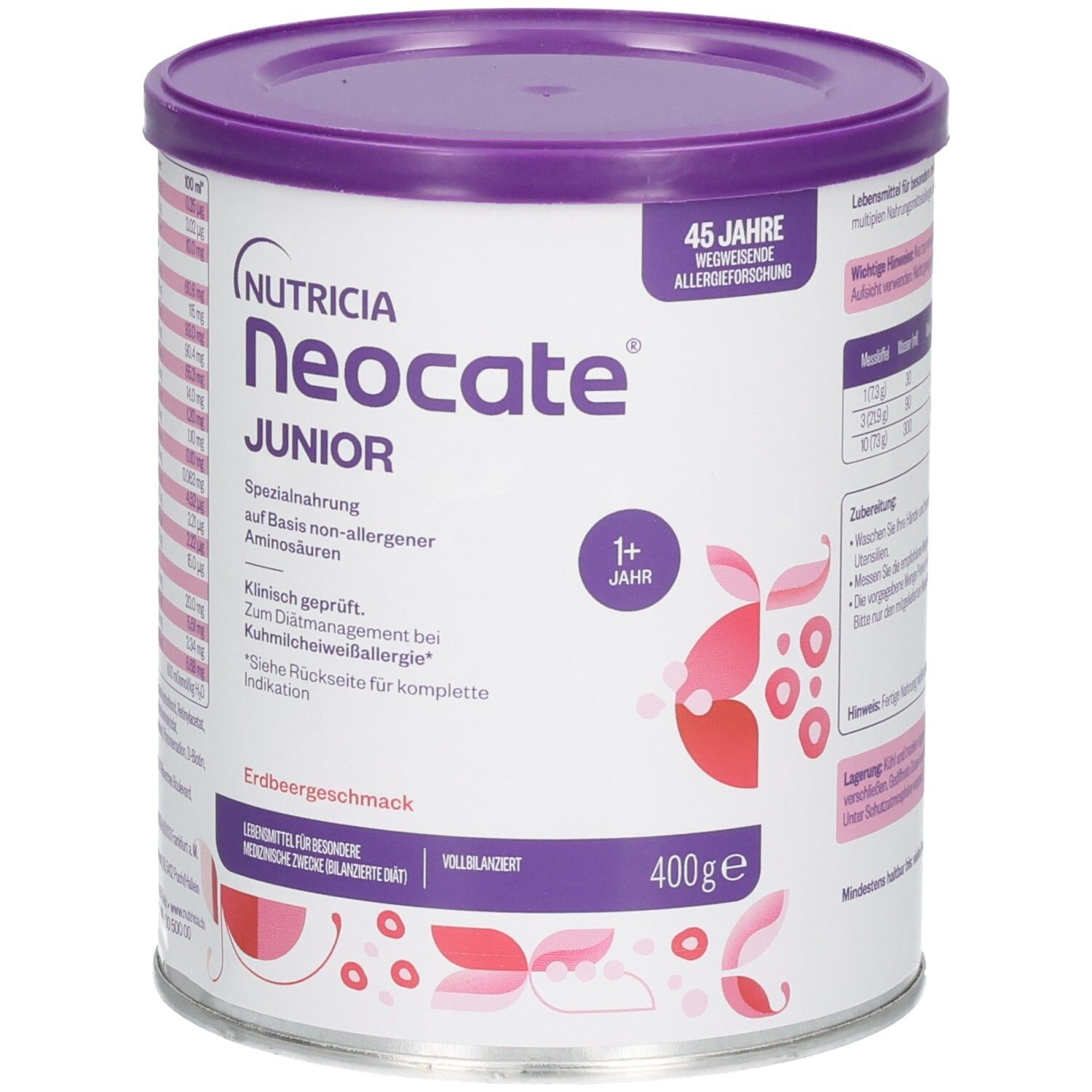 NEOCATE Junior Dose, Erdbeergeschmack. Lila Deckel, weiße Dose mit Text und Illustrationen. 400g.