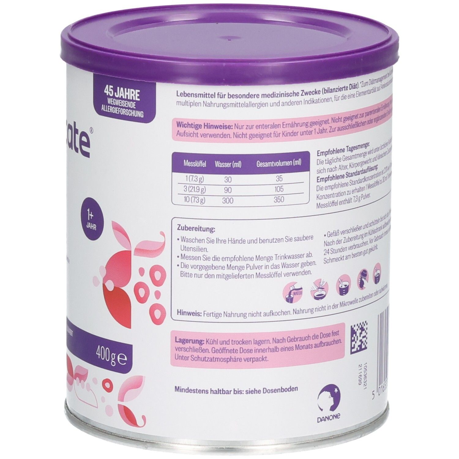 Rückseite der Dose NEOCATE Junior. Enthält Dosierungsempfehlungen und Zubereitungshinweise. 400g.