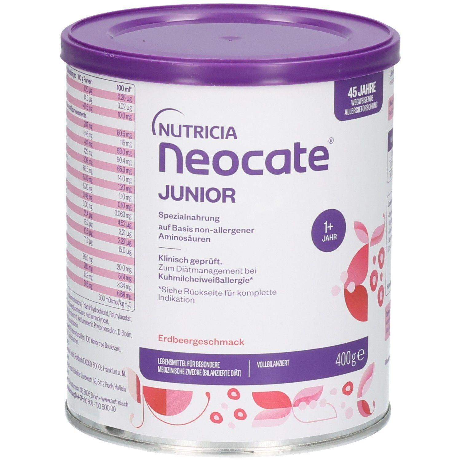 NEOCATE Junior Dose, Erdbeergeschmack. Lila Deckel, weiße Dose mit Text und Nährwertangaben. 400g.