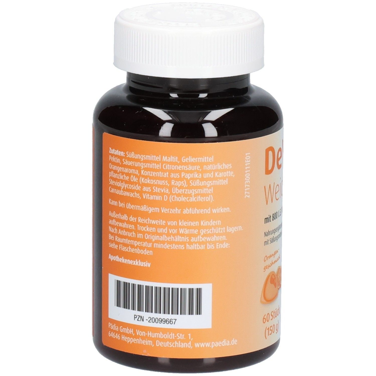 Rückseite der Flasche. Text über Inhaltsstoffe, Verzehrempfehlung und Hersteller. PZN-20099667. Apothekenexklusiv.