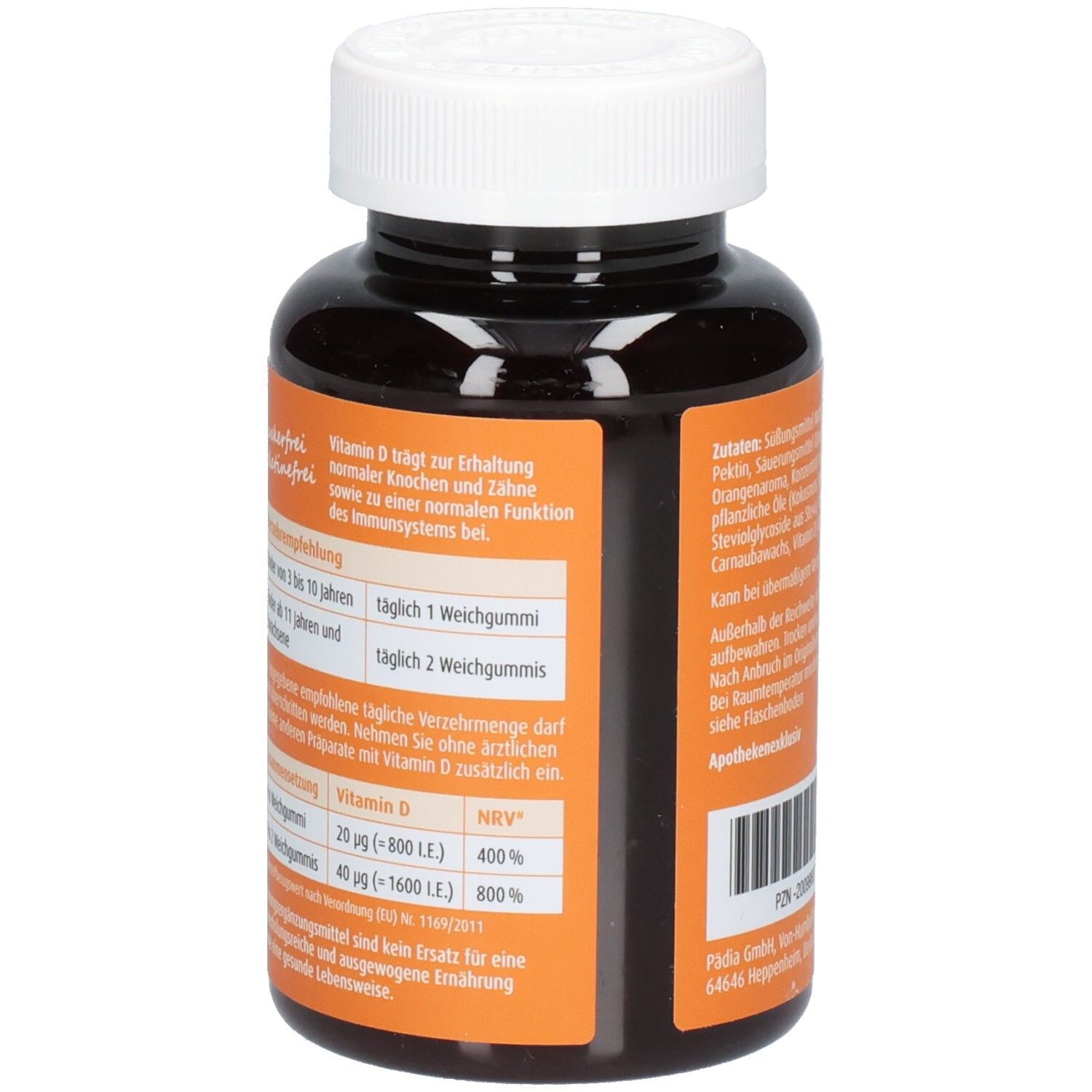 Rückseite der Flasche. Text über Vitamin D, Dosierung und Nährwertangaben. Fakta GmbH Logo.