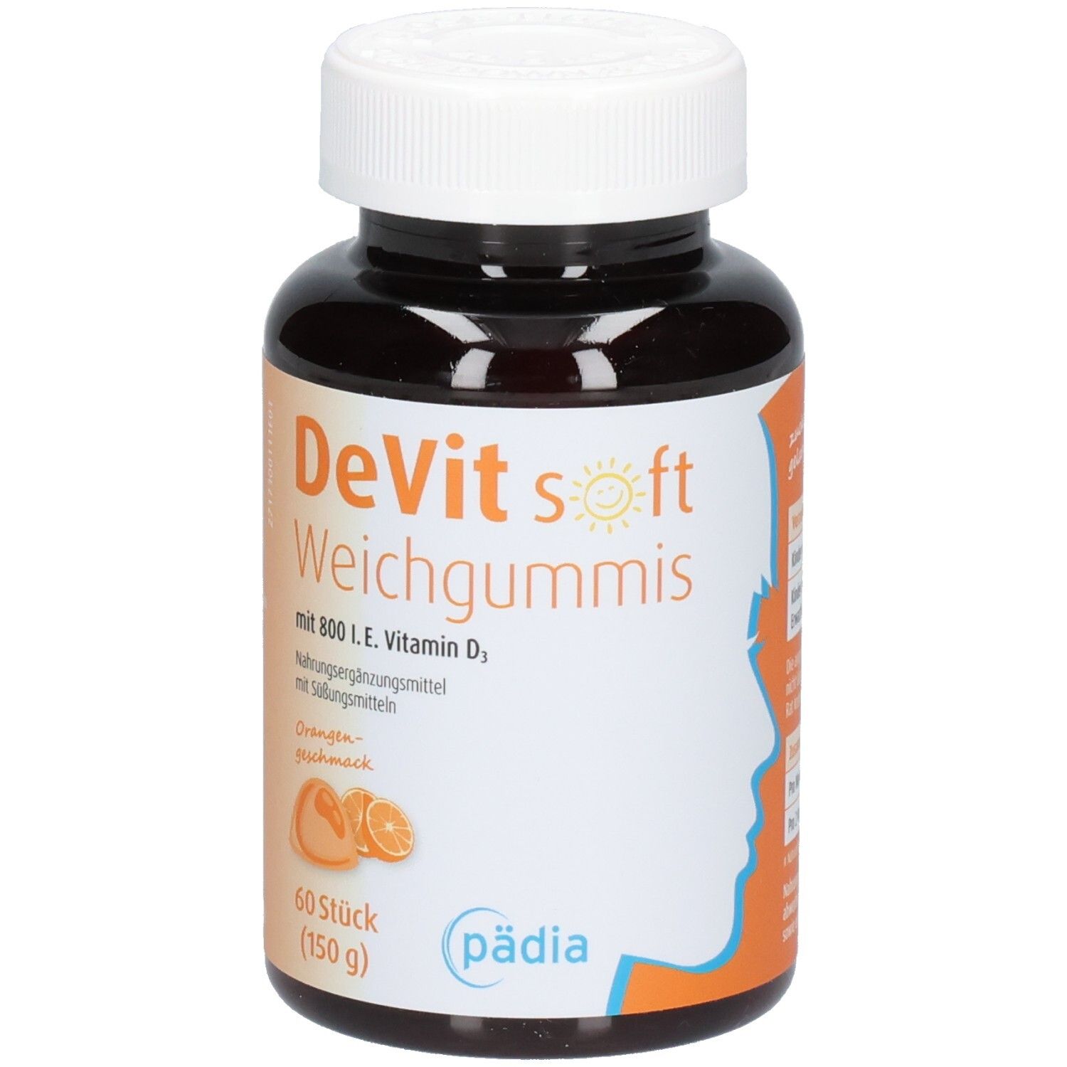 Braune Flasche mit weißen Deckel. Aufschrift: DeVit soft Weichgummis, 60 Stück, 150g. Orangen-Geschmack. Pädia Logo. Profil.