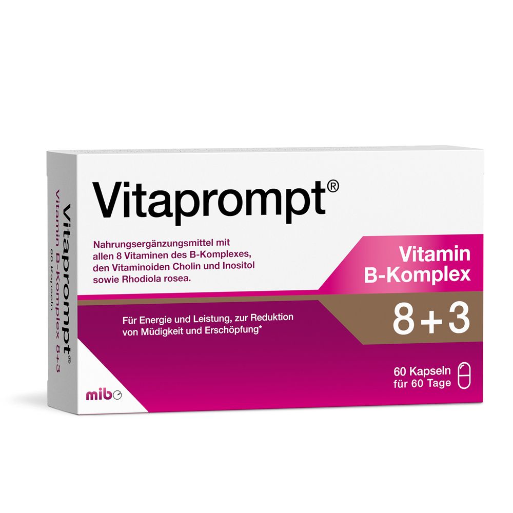 Vitaprompt® Vitamin B-Komplex 8+3. Karton mit 60 Kapseln. Enthält B-Vitamine, Cholin und Inositol. Für Energie und Leistung.