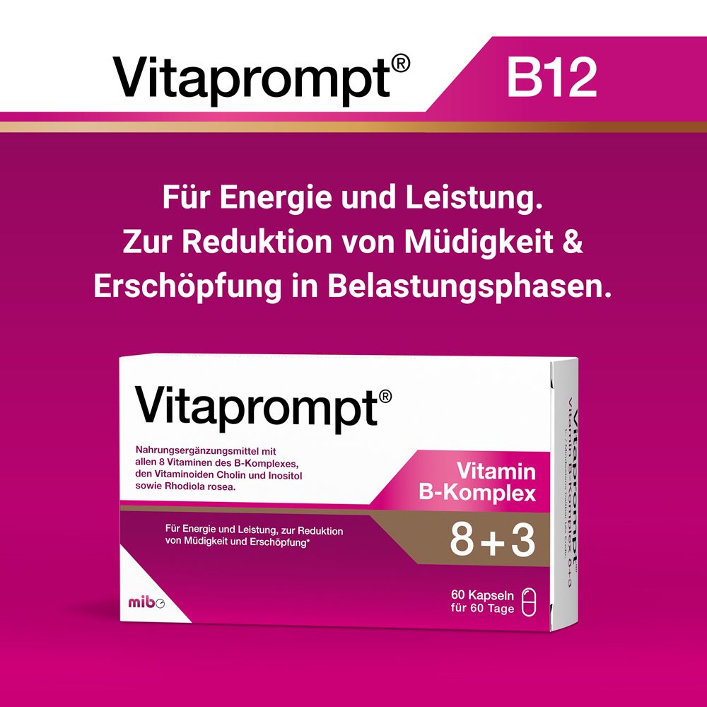 Vitaprompt® Vitamin B-Komplex 8+3. Produktverpackung mit Text. Für Energie und Leistung. Zur Reduktion von Müdigkeit & Erschöpfung.