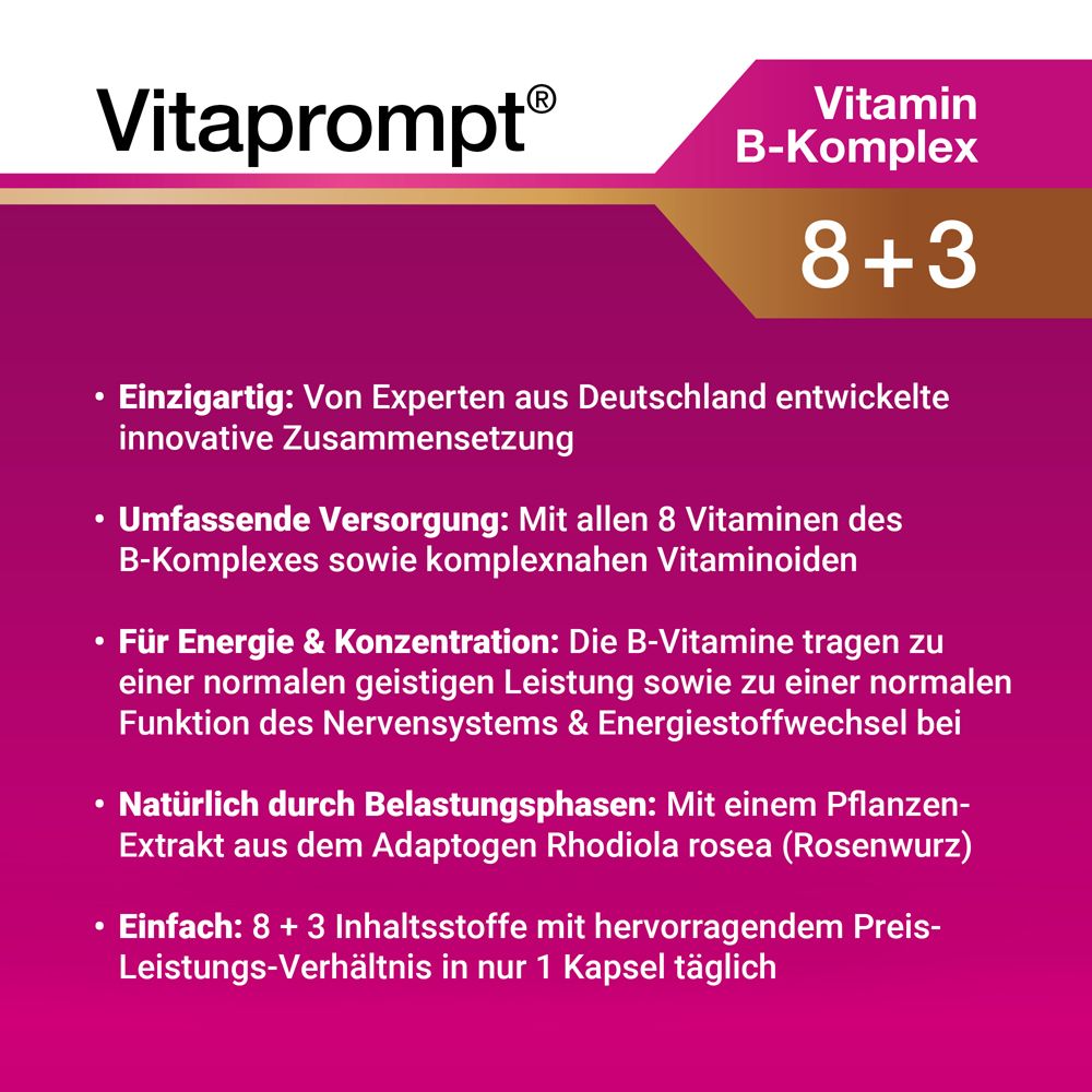 Vitaprompt® Vitamin B-Komplex 8+3. Text mit Produktvorteilen. Für Energie & Konzentration. Enthält B-Vitamine und Vitaminoiden.