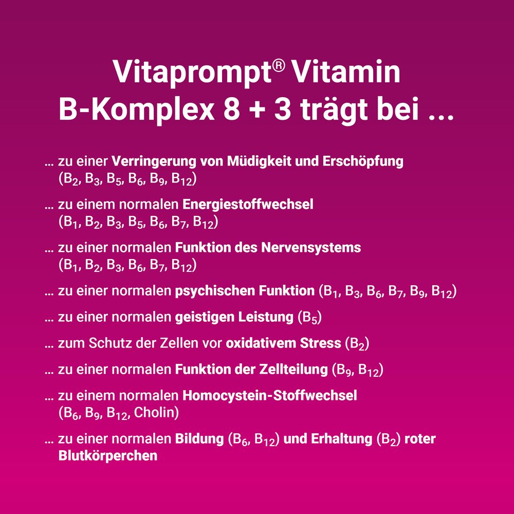 Vitaprompt® Vitamin B-Komplex 8+3. Text über die Wirkung der B-Vitamine. Für Energie, Nervensystem, und Zellschutz.