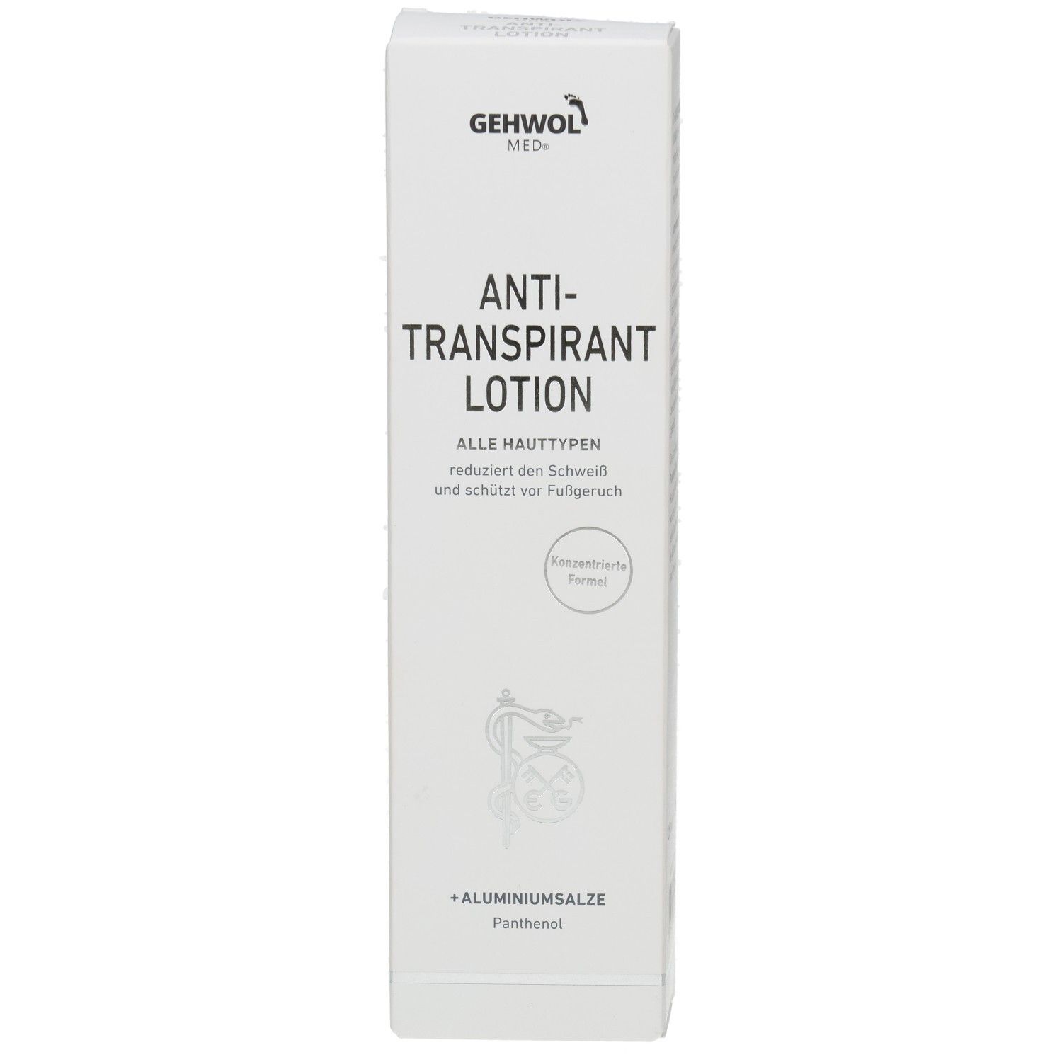 Weiße Schachtel mit GEHWOL MED, Anti-Transpirant Lotion. Für alle Hauttypen. Enthält Aluminiumsalze und Panthenol.