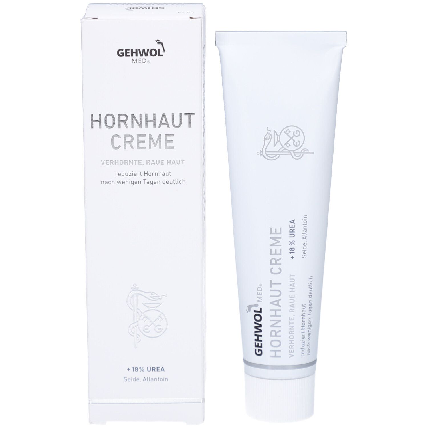 Produktverpackung und Tube. Weiß, mit blauer Schrift. Gehwol Med Hornhaut Creme.