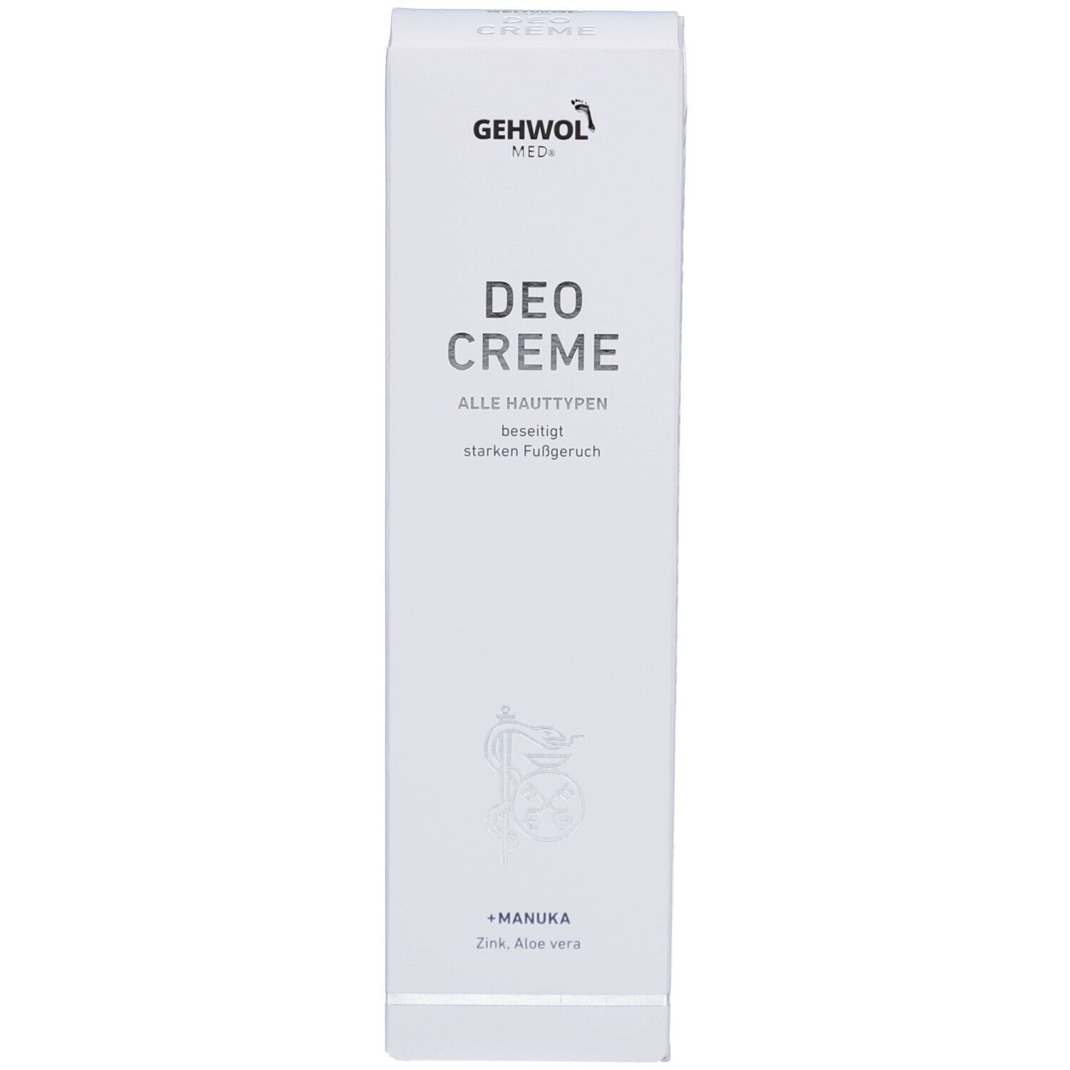 Weißer Karton mit Schriftzug GEHWOL MED, DEO CREME, Alle Hauttypen, +Manuka, Zink, Aloe vera. Vertikale Ausrichtung.