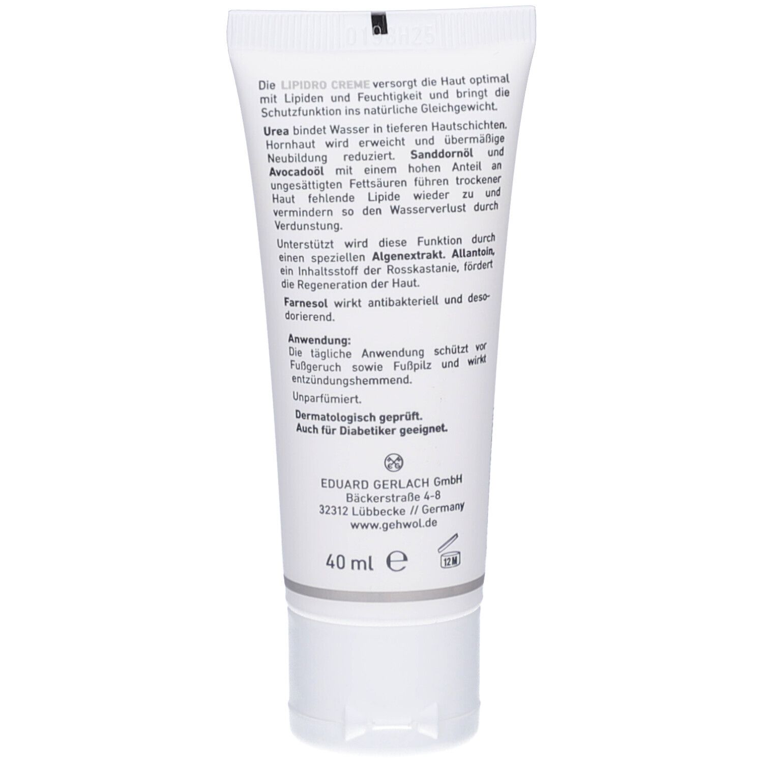 Rückseite der Tube mit Text. Enthält Informationen zu Inhaltsstoffen und Anwendung. 40 ml. Dermatologisch geprüft.