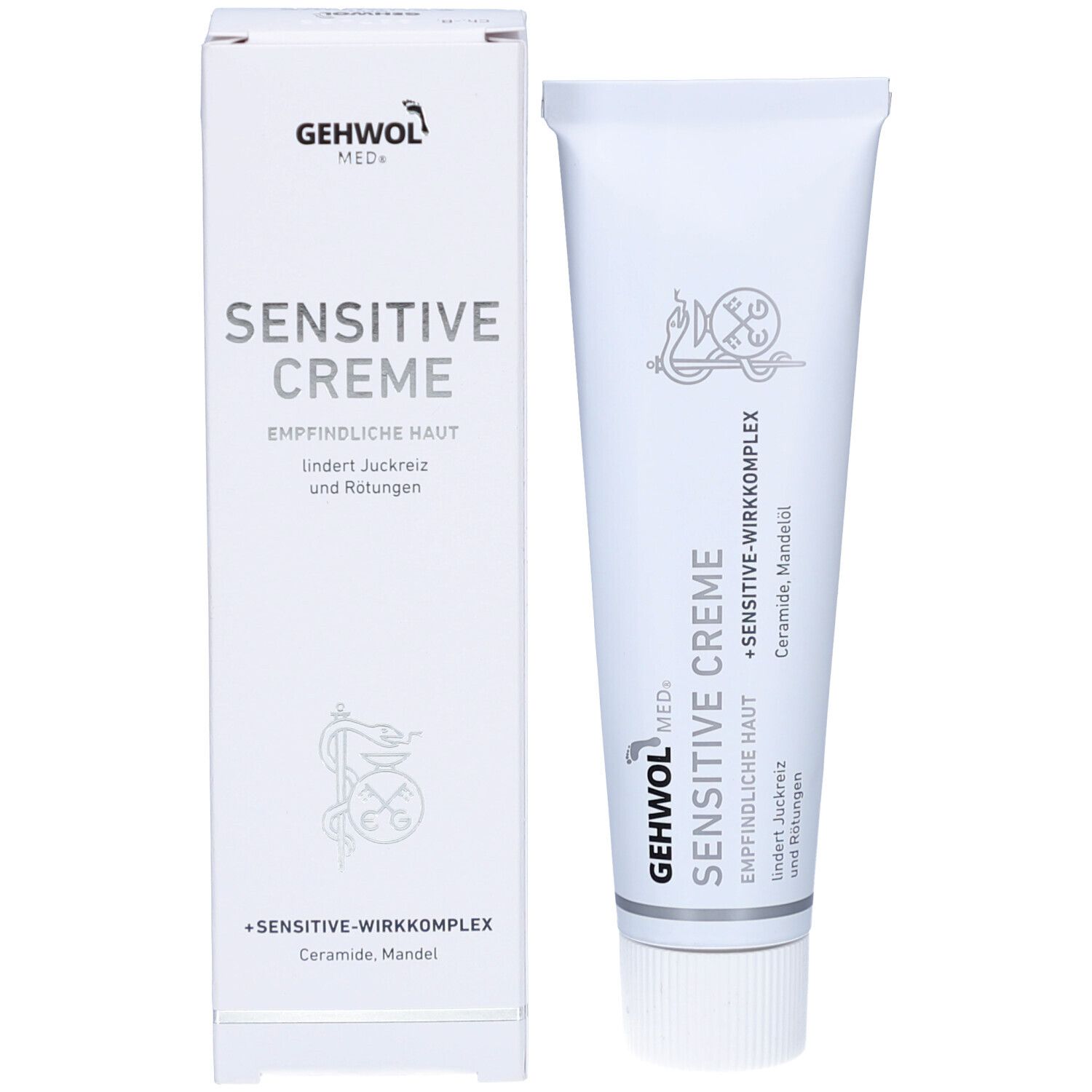 GEHWOL med+ Sensitive Creme und Verpackung. Text: Sensitive Creme, empfindliche Haut. Enthält Ceramide, Mandelöl. Lindert Juckreiz.