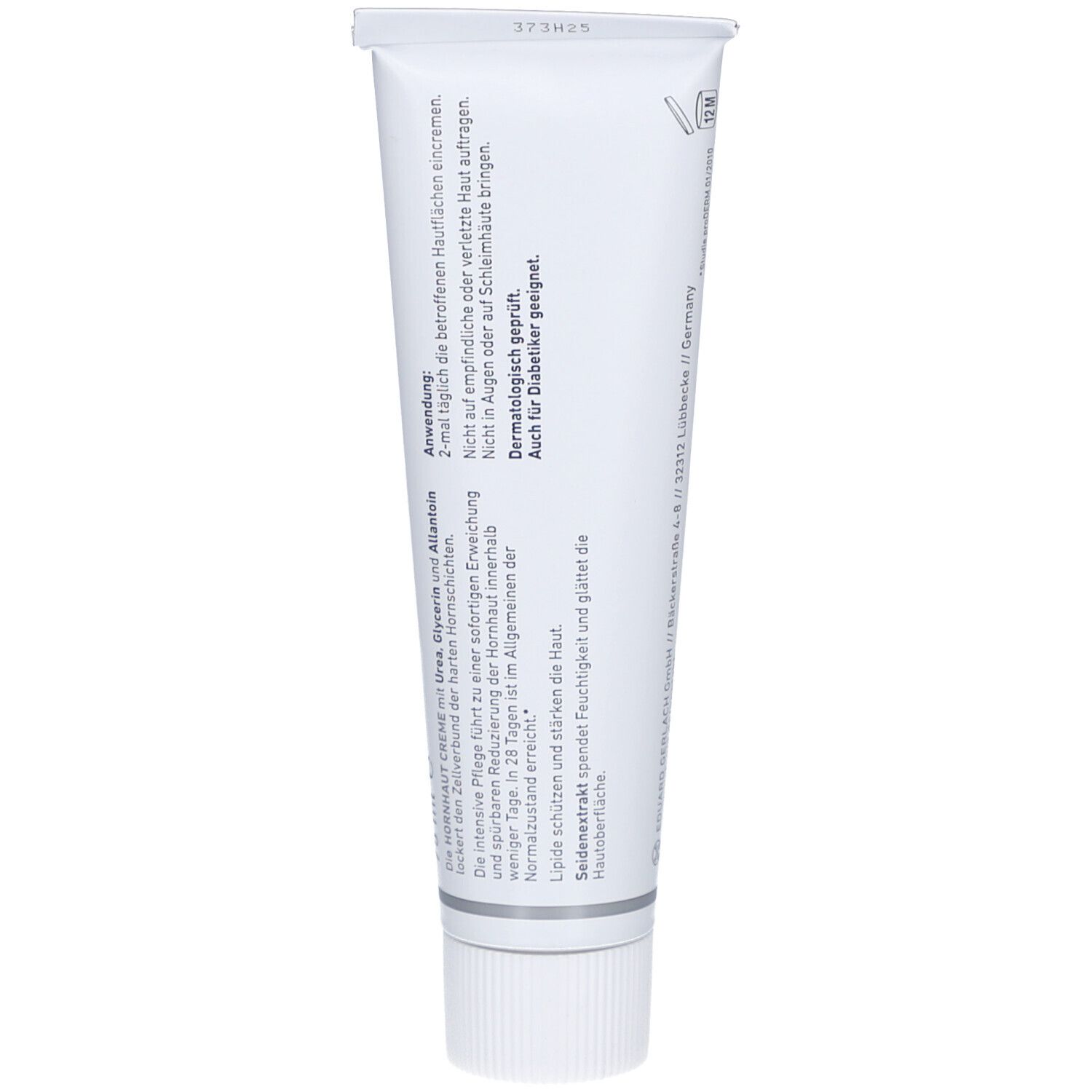 Rückseite der weißen Tube mit Text. Anwendungshinweise, dermatologisch getestet, für Diabetiker geeignet.