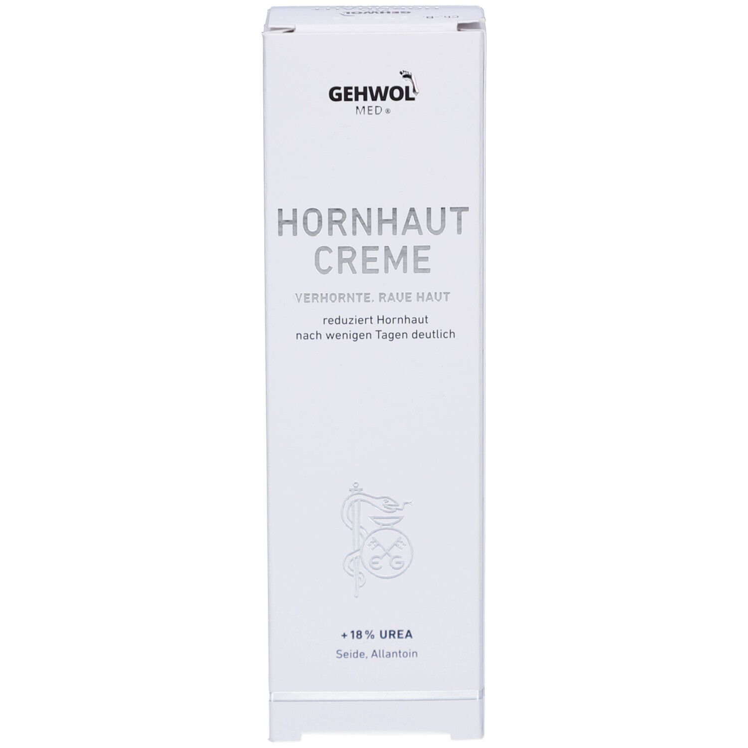 Weiße Schachtel mit GEHWOL MED Hornhaut Creme. Text: Hornhaut Creme, +18% Urea, Seide, Allantoin. Logo.