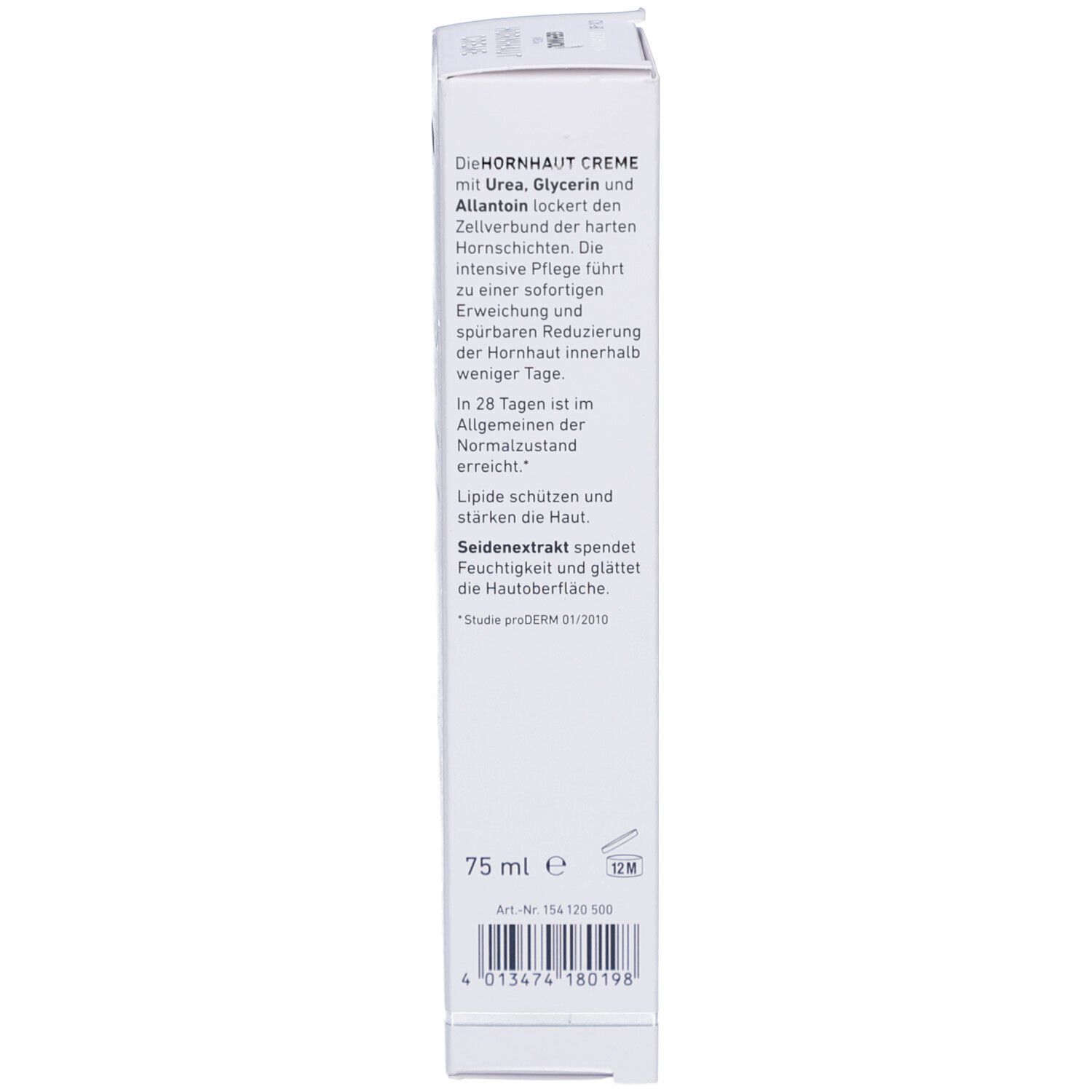 Seite der Schachtel mit Text. Inhaltsstoffe, 75 ml, Artikelnummer, Herstellerinformationen, Barcode.