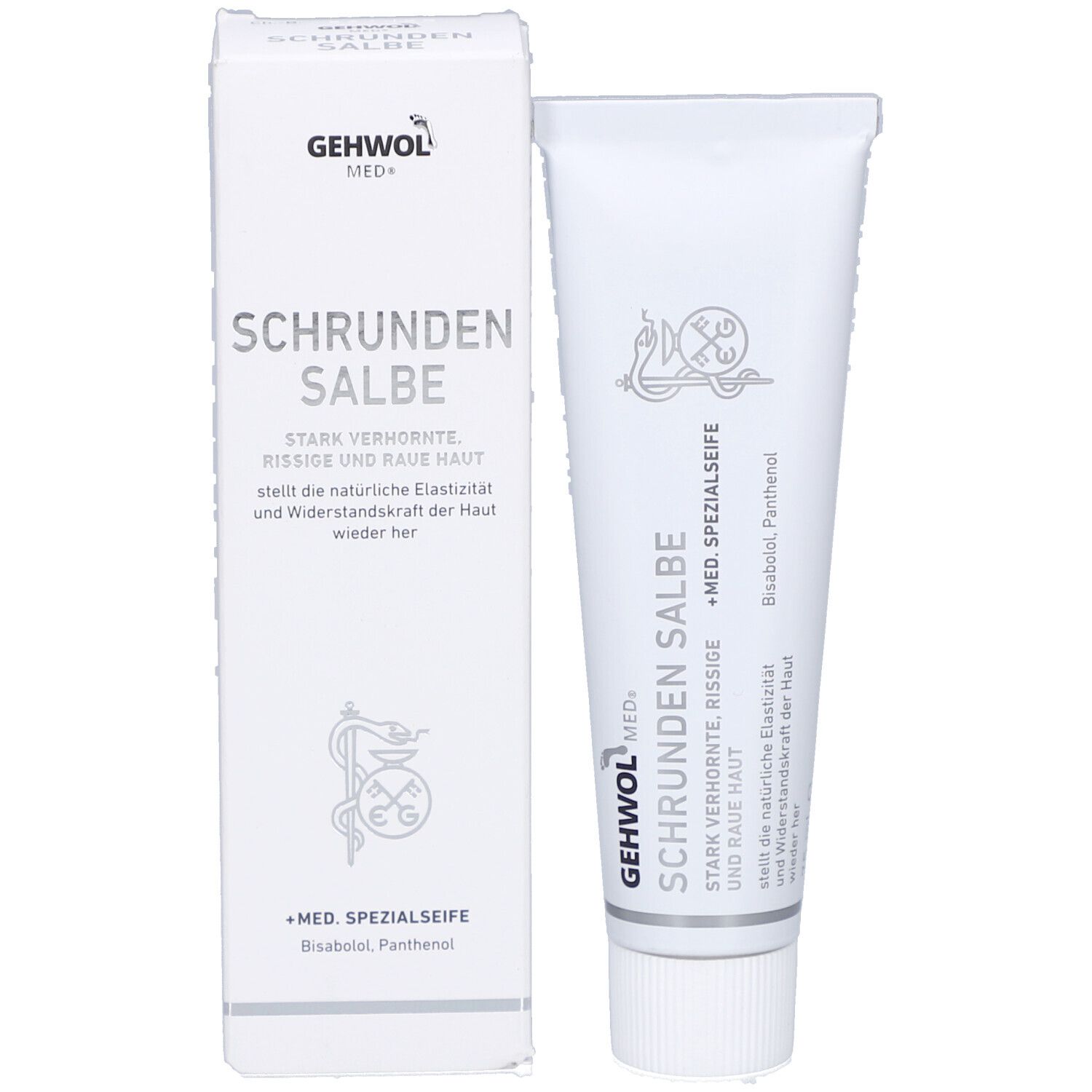 Produkt und Verpackung. Weiße Tube und Schachtel. Text: Schrunden Salbe, Med. Spezialseife. Logo. Produktname deutlich sichtbar.