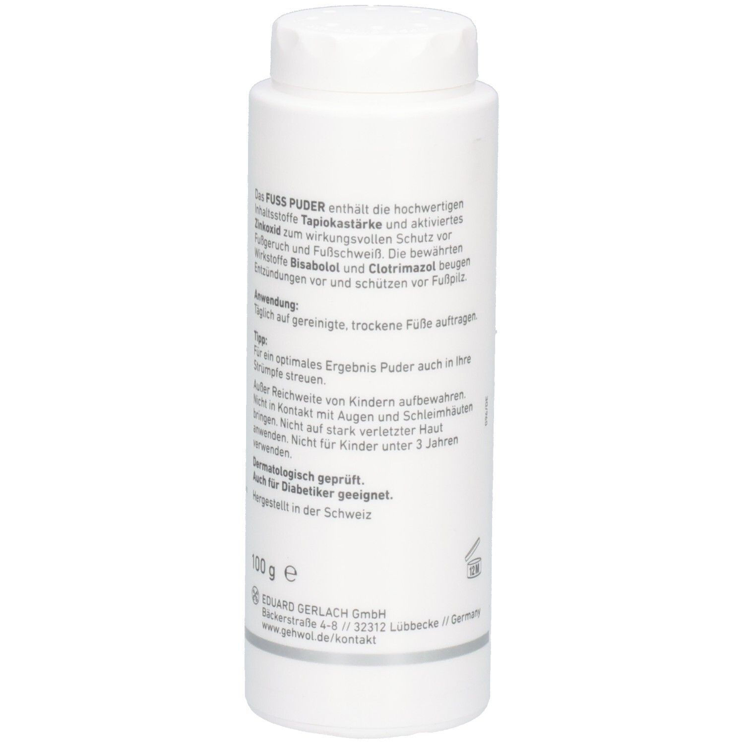 Rückseite GEHWOL MED Fuß Puder Flasche. Text: 100 g e, Dermatologisch geprüft, Hergestellt in Deutschland.