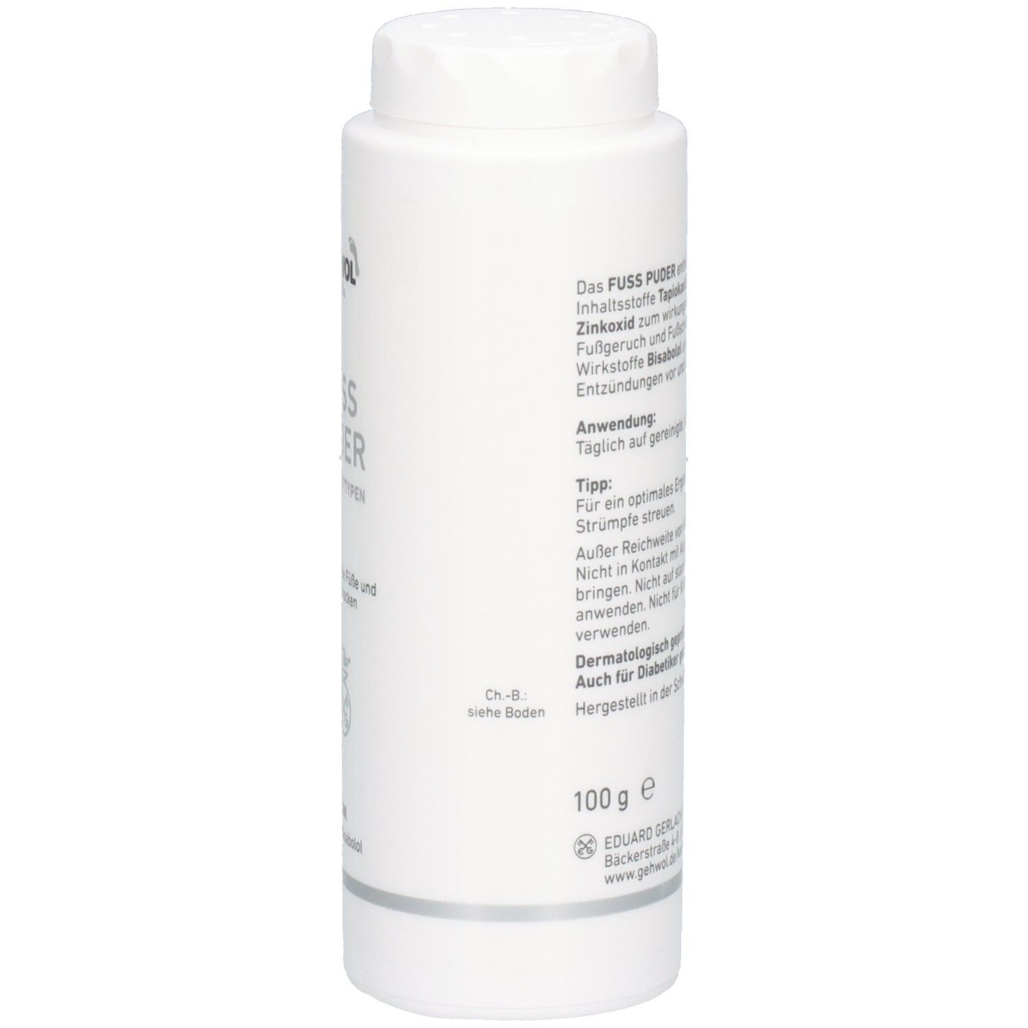 Rückseite GEHWOL MED Fuß Puder Flasche. Text: 100 g e, Dermatologisch geprüft, Auch für Diabetiker geeignet.
