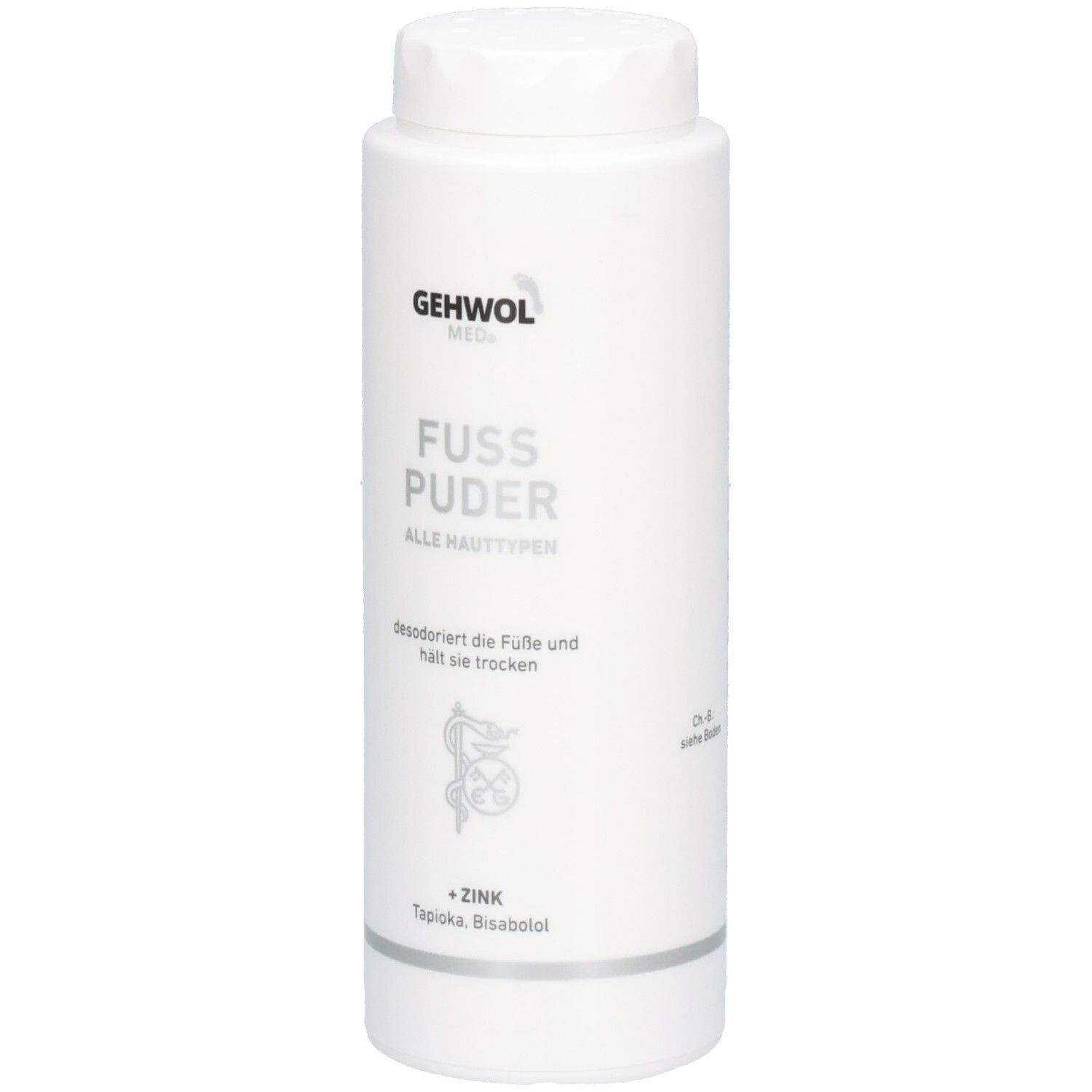 GEHWOL MED Fuß Puder Flasche mit weißem Schraubverschluss. Text: FUSS PUDER, ALLE HAUTTYPEN, desodoriert die Füße und hält sie trocken.