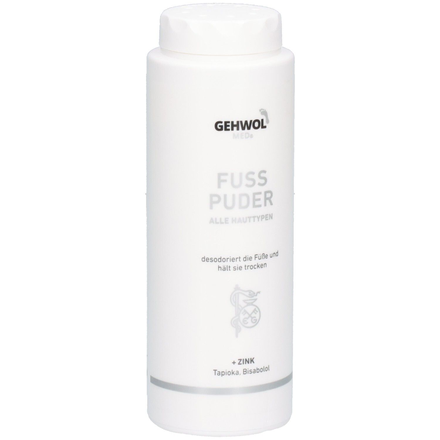GEHWOL MED Fuß Puder Flasche mit weißem Schraubverschluss. Text: FUSS PUDER, ALLE HAUTTYPEN, desodoriert die Füße und hält sie trocken.