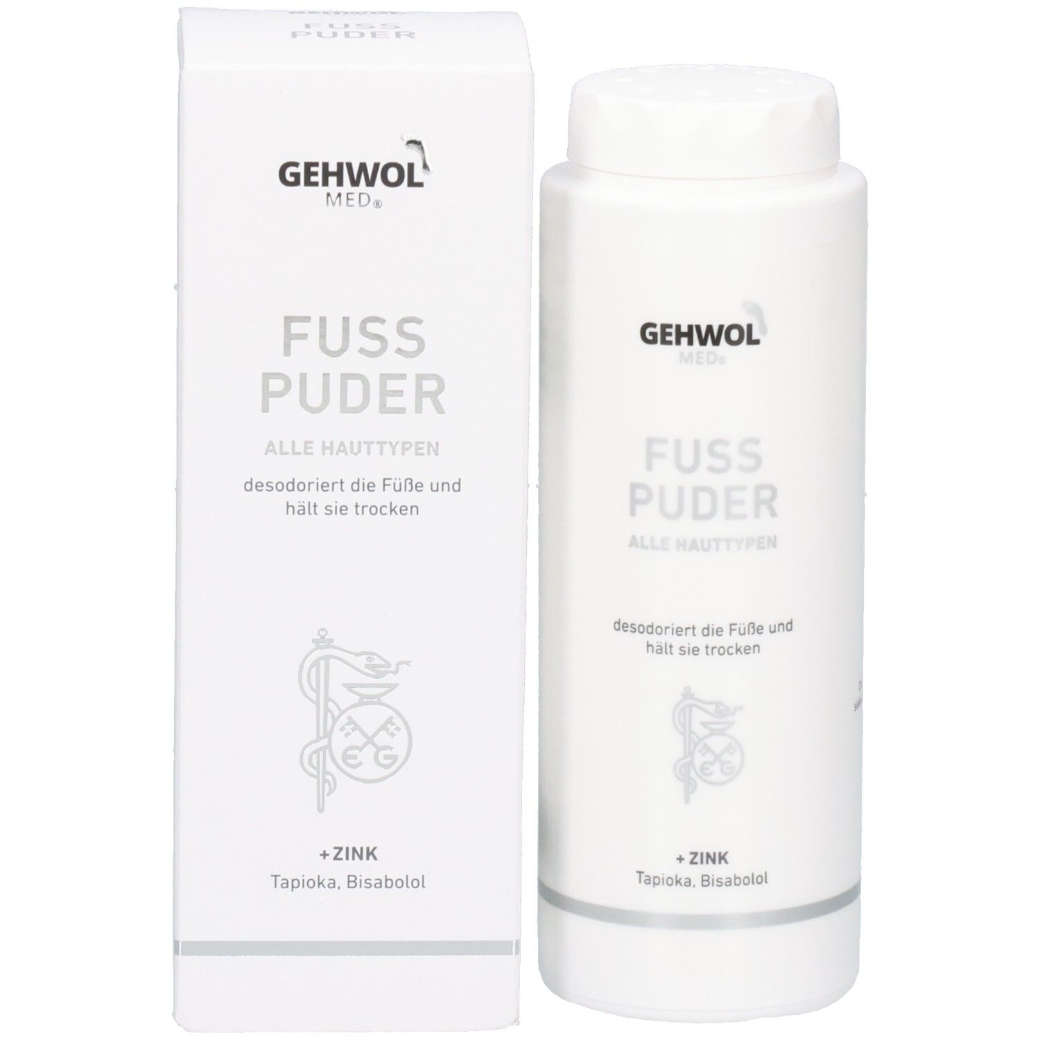 GEHWOL MED Fuß Puder Flasche und Karton. Beide mit Text: FUSS PUDER, ALLE HAUTTYPEN, desodoriert die Füße und hält sie trocken.