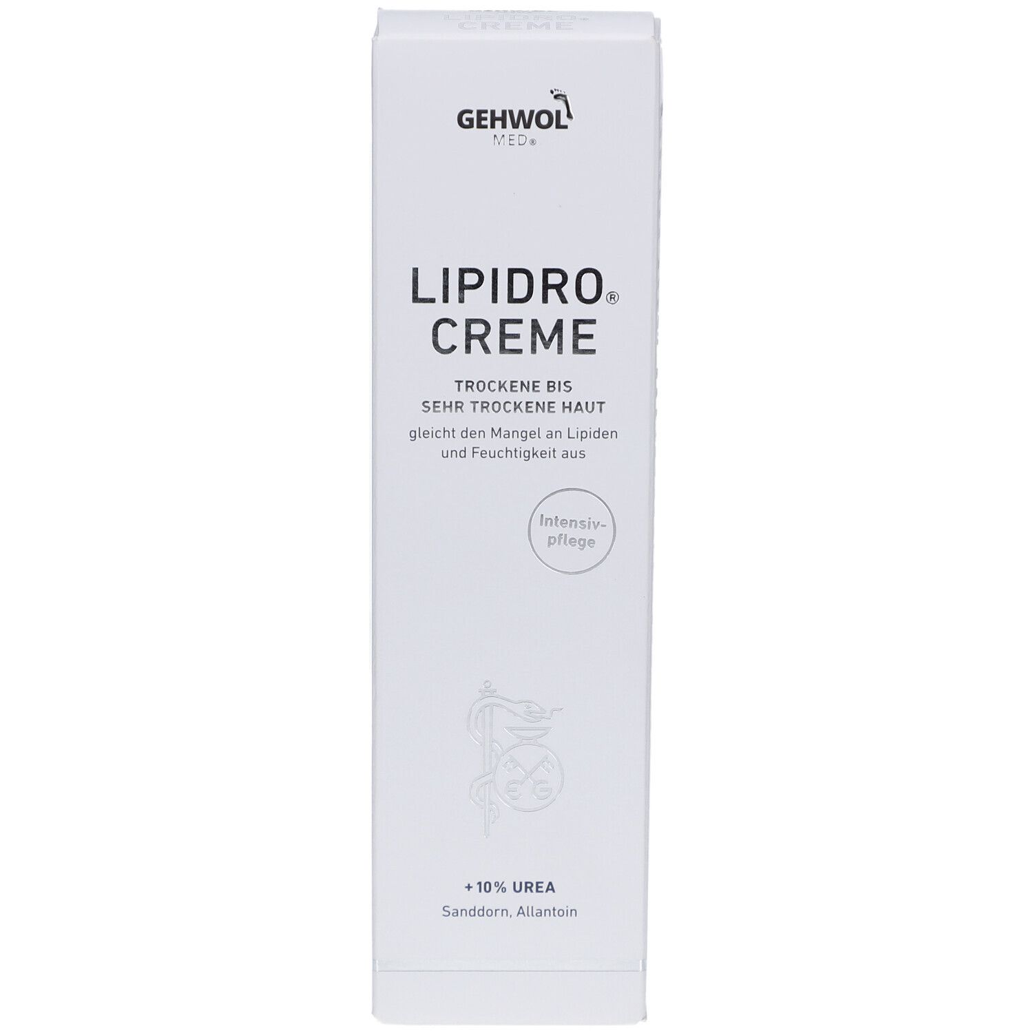 GEHWOL MED Lipidro Creme-Verpackung. Weiße Schachtel mit Produktnamen und Inhaltsangaben. Enthält 10% Urea.